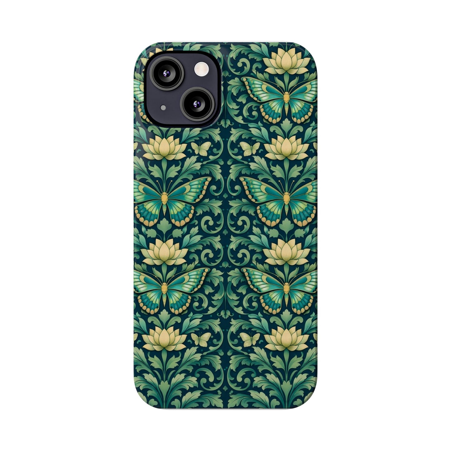 Slim Phone Case — Vintage Green Butterfly & Lotus Pattern