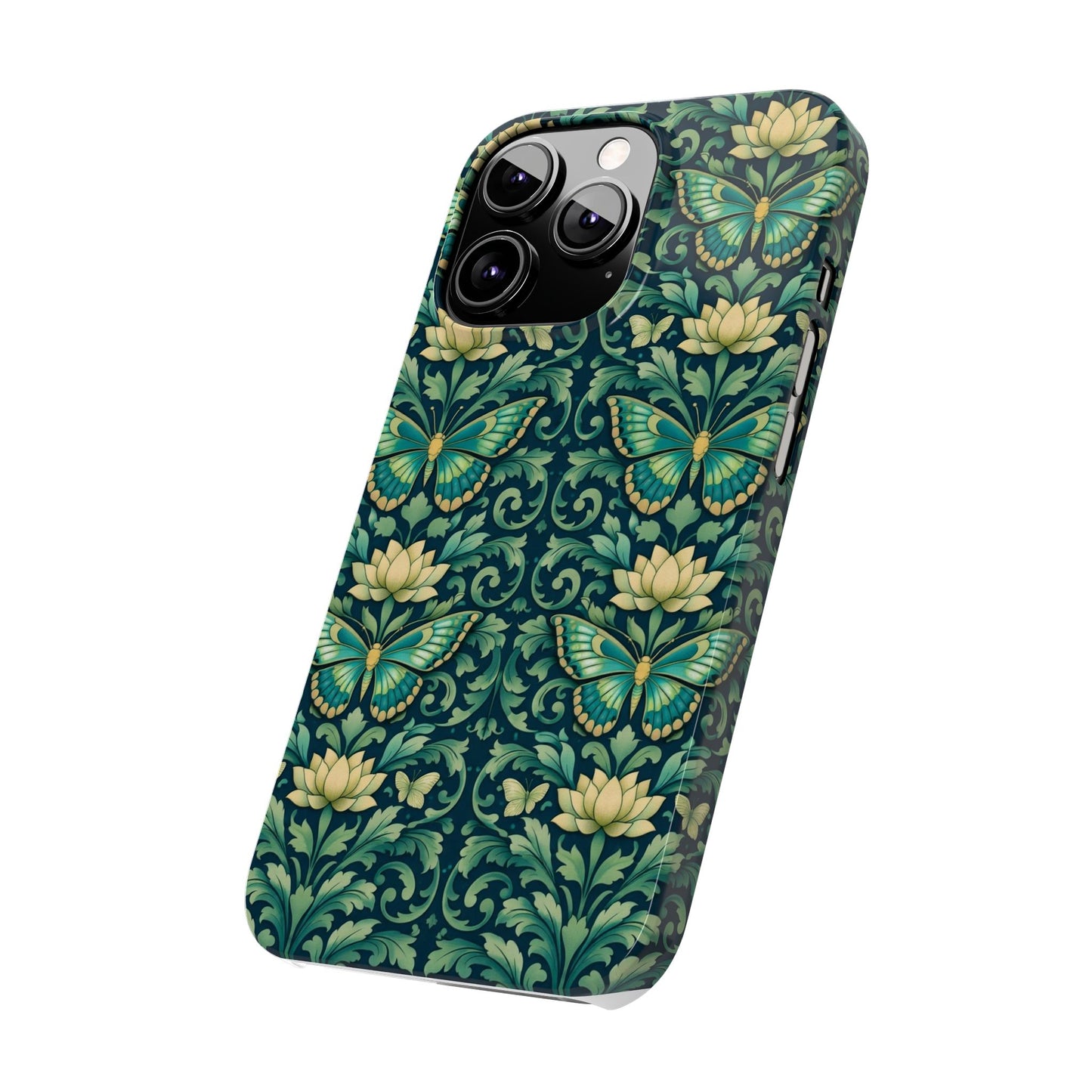 Slim Phone Case — Vintage Green Butterfly & Lotus Pattern