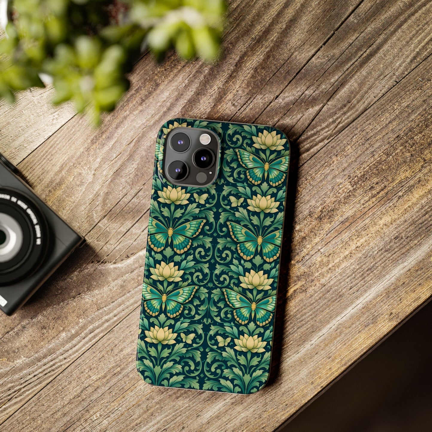 Slim Phone Case — Vintage Green Butterfly & Lotus Pattern