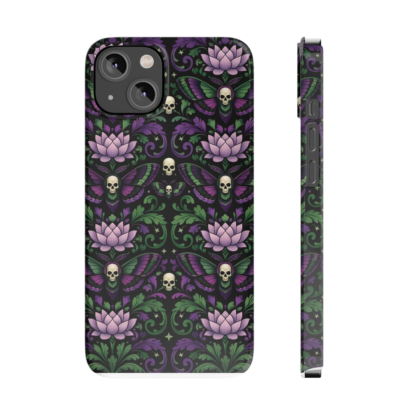 Gothic Lotus & Skull Slim Phone Case — Dark Floral Pattern for iPhone