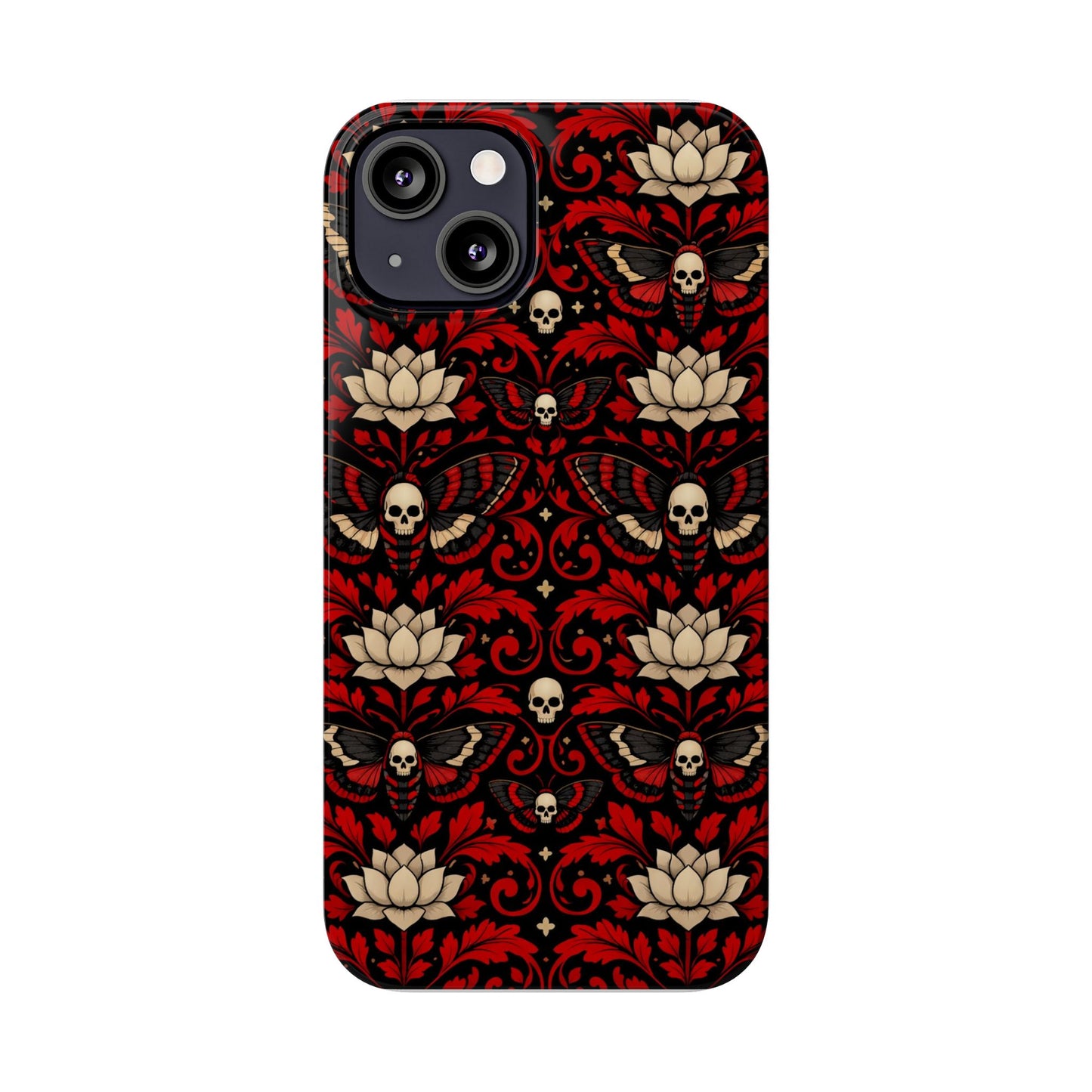 Gothic Skull & Lotus Slim Phone Case — Red Damask Moth Pattern