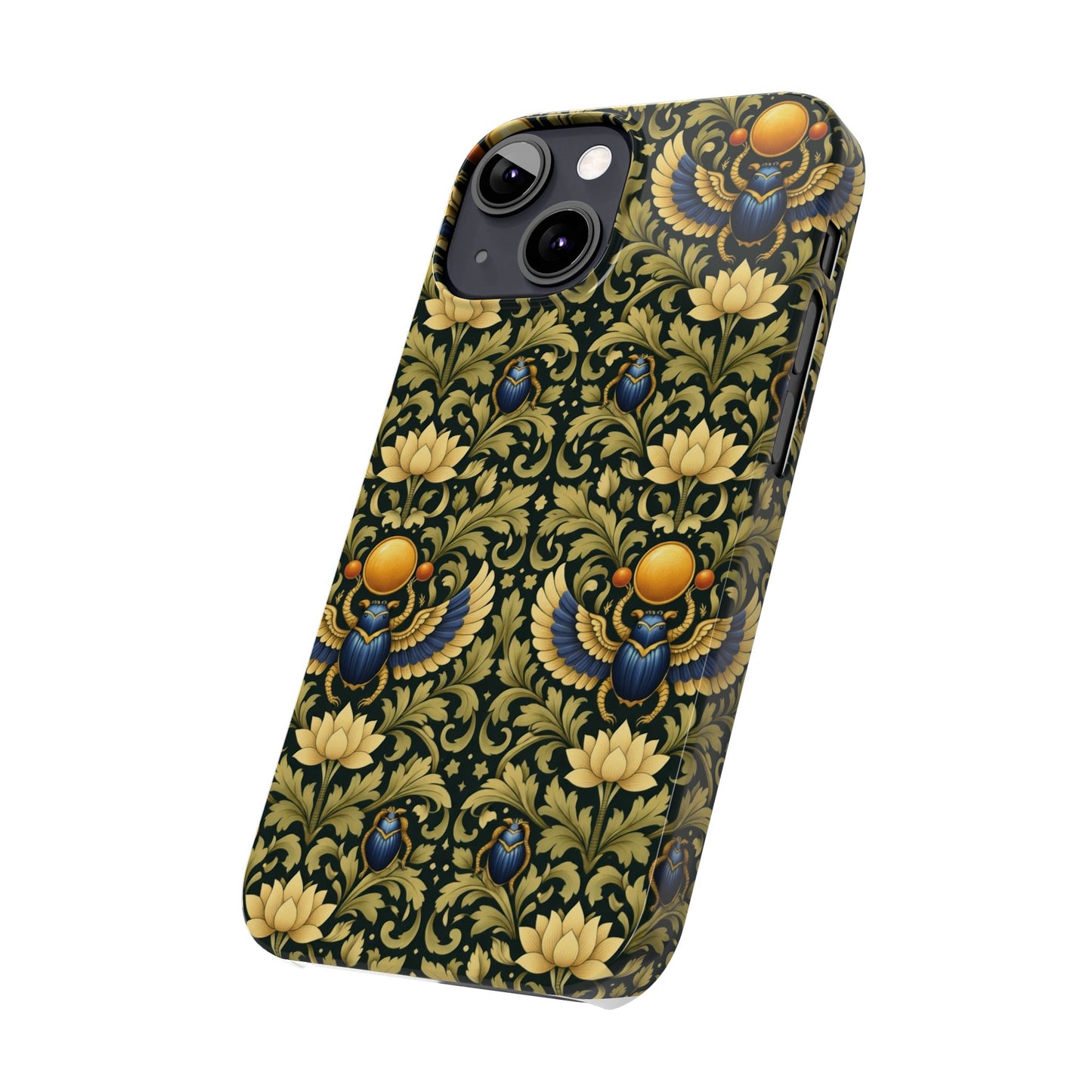 Slim Phone Case — Vintage Egyptian Scarab & Lotus Pattern (Gold on Olive)
