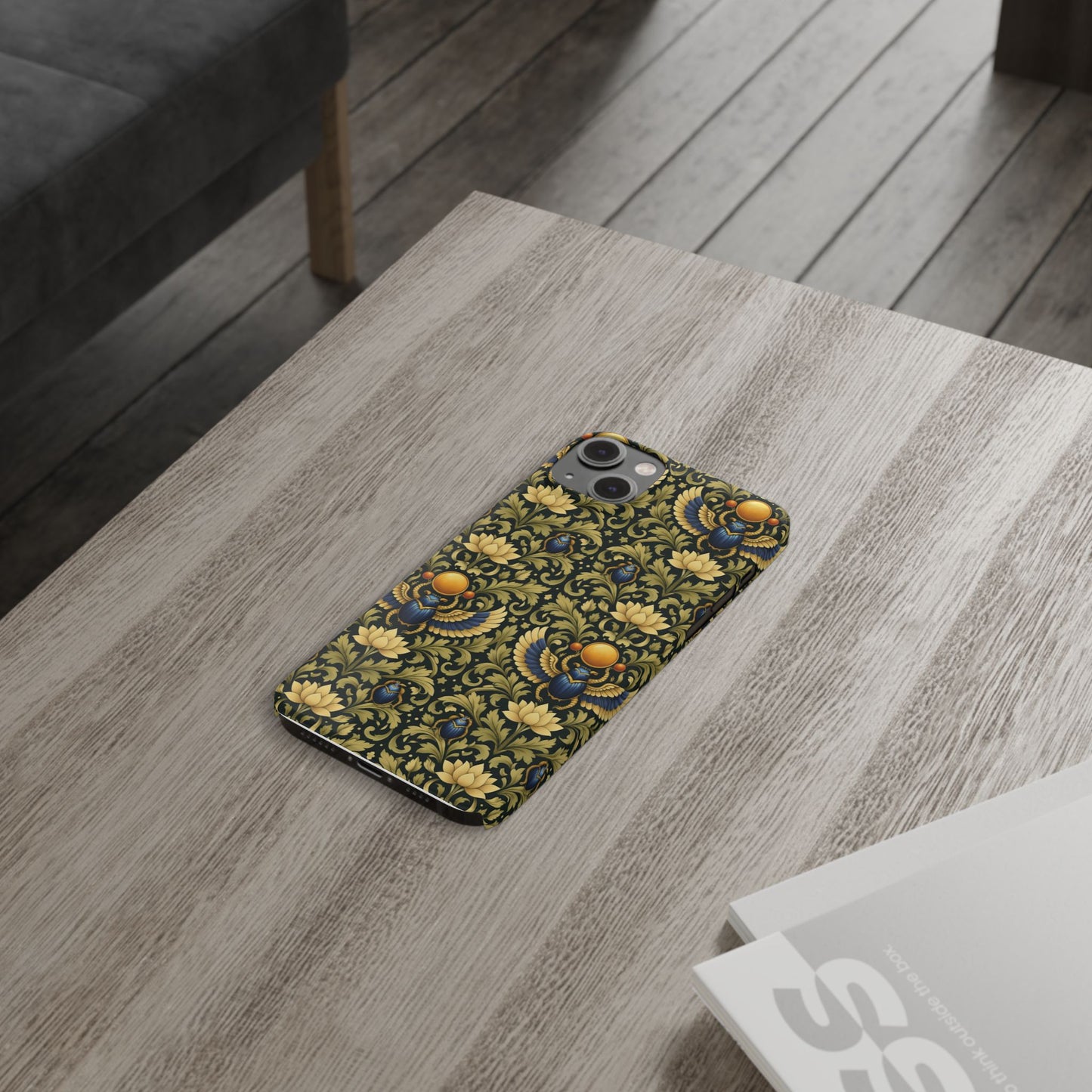 Slim Phone Case — Vintage Egyptian Scarab & Lotus Pattern (Gold on Olive)