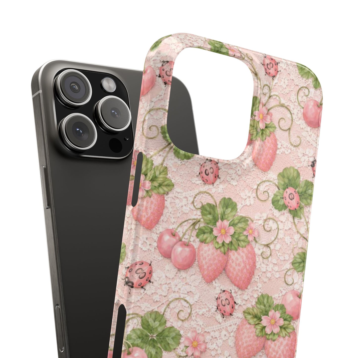 Strawberry Pattern Slim Phone Case — Vintage Pink Floral Fruit Design