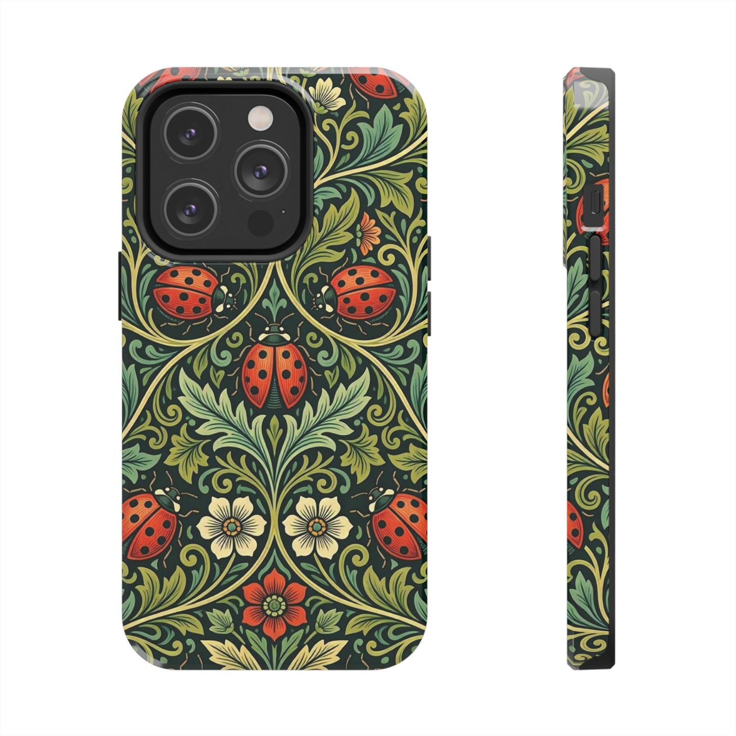 Vintage Floral Ladybug Tough Phone Case — Botanical Victorian Pattern