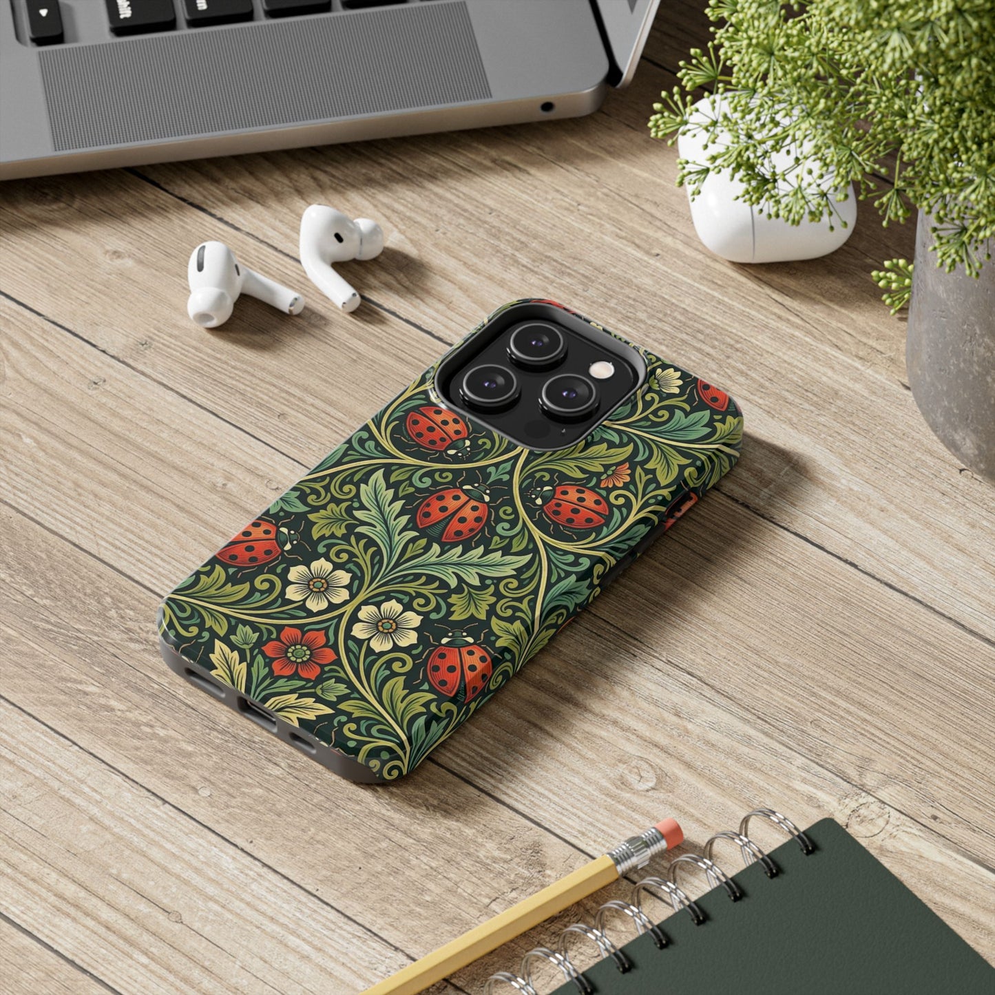 Vintage Floral Ladybug Tough Phone Case — Botanical Victorian Pattern