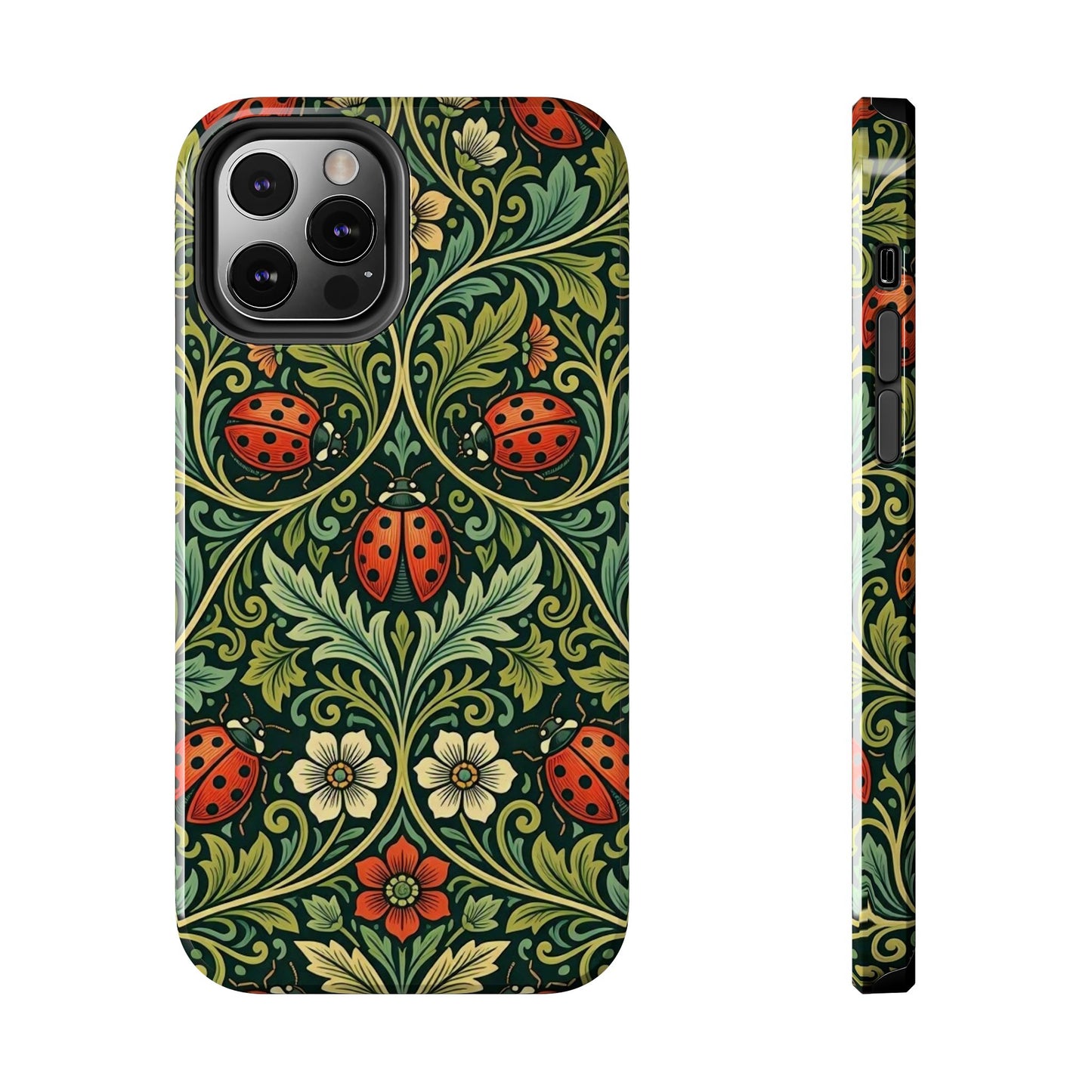 Vintage Floral Ladybug Tough Phone Case — Botanical Victorian Pattern