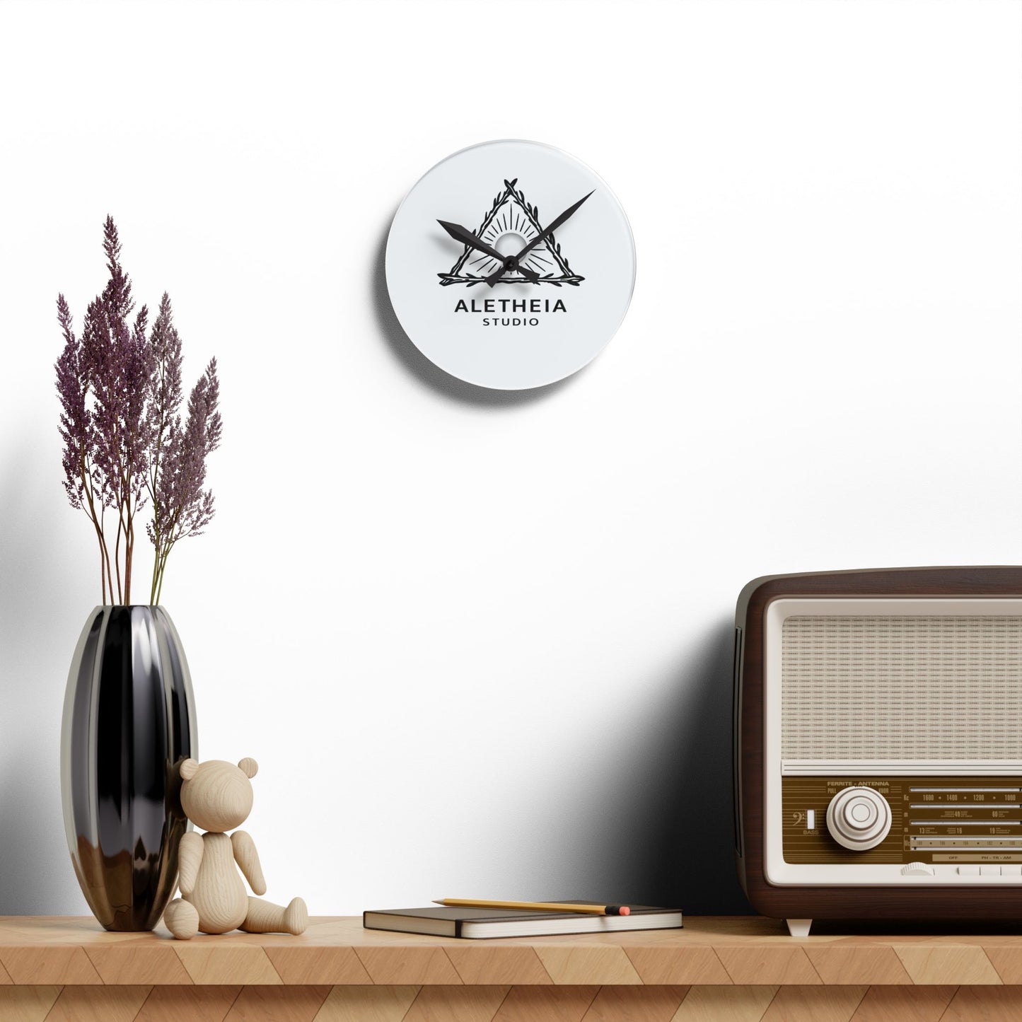 Aletheia Studio Logo Acrylic Wall Clock | Minimal Sunray Triangle Design