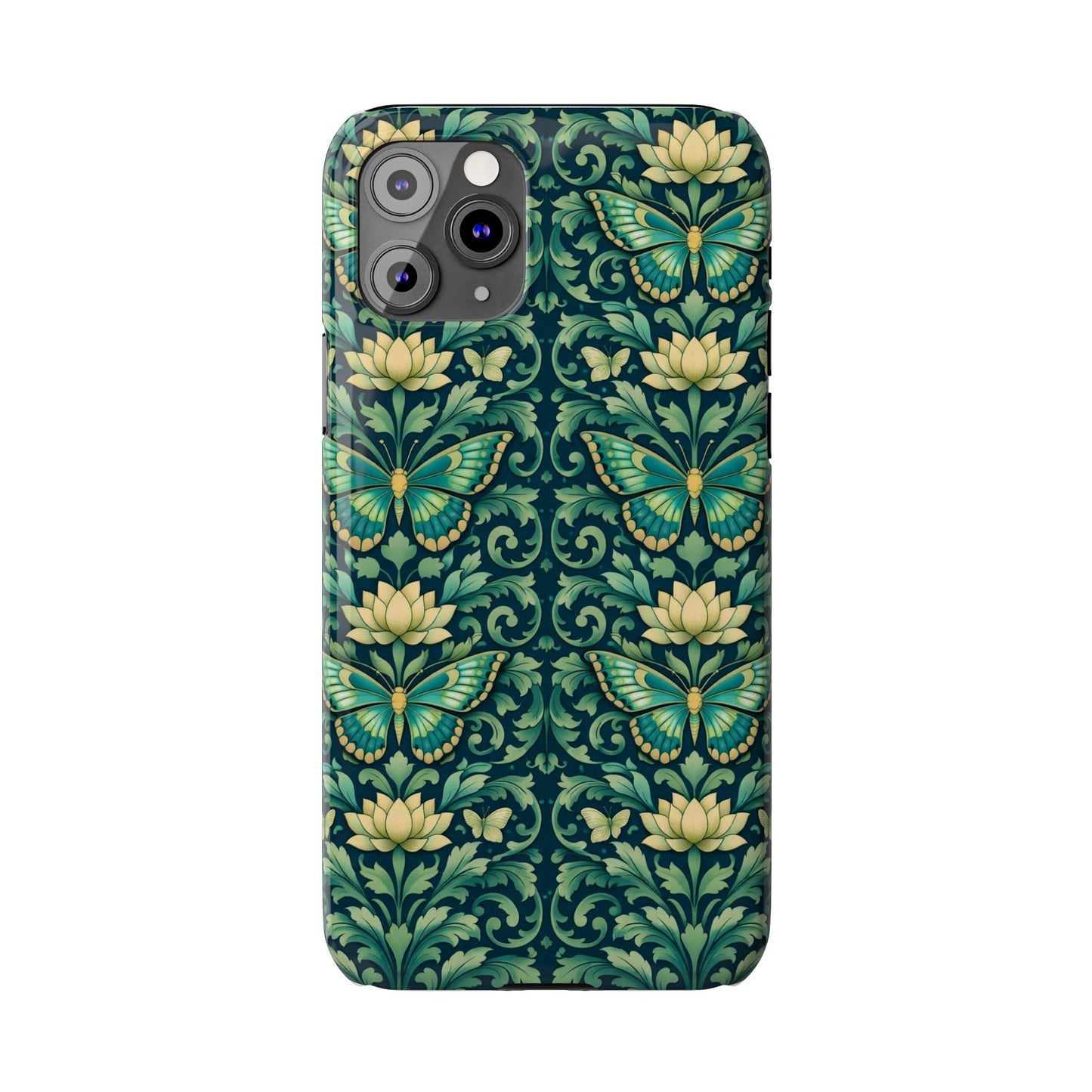 Slim Phone Case — Vintage Green Butterfly & Lotus Pattern