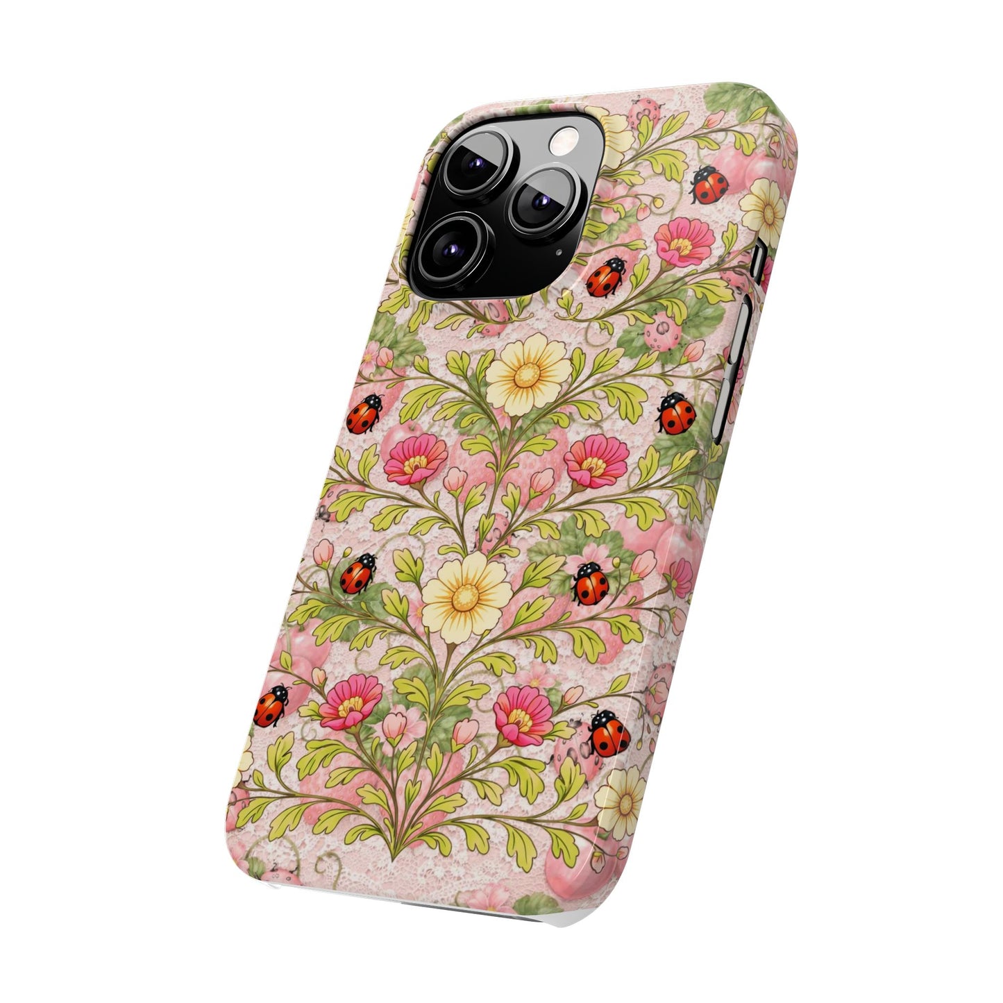 Floral Ladybug Slim Phone Case — Vintage Botanical Pink Garden Design