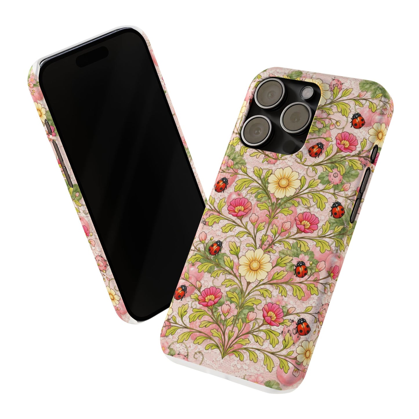 Floral Ladybug Slim Phone Case — Vintage Botanical Pink Garden Design