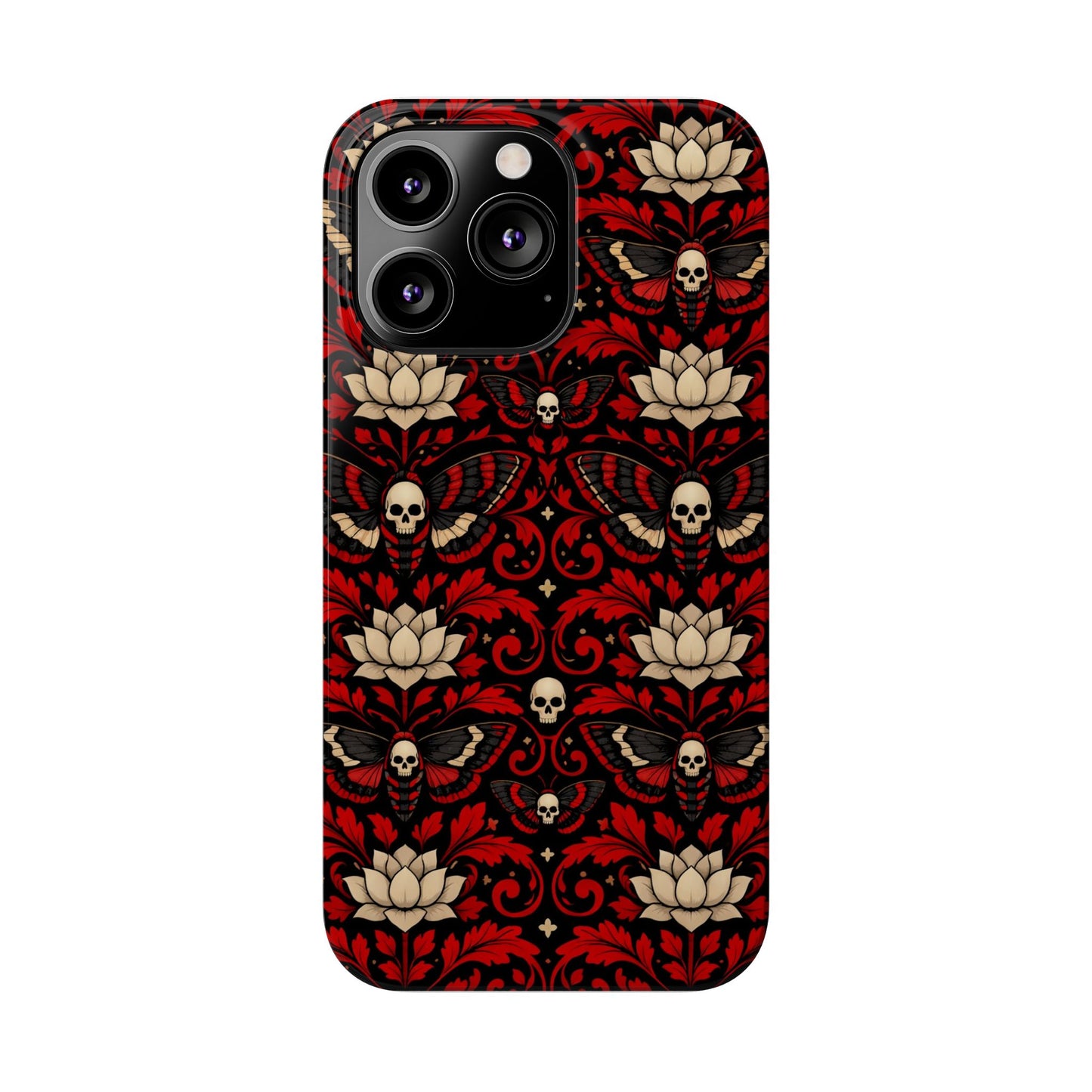 Gothic Skull & Lotus Slim Phone Case — Red Damask Moth Pattern