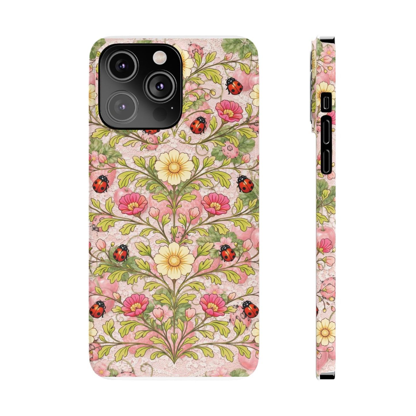 Floral Ladybug Slim Phone Case — Vintage Botanical Pink Garden Design