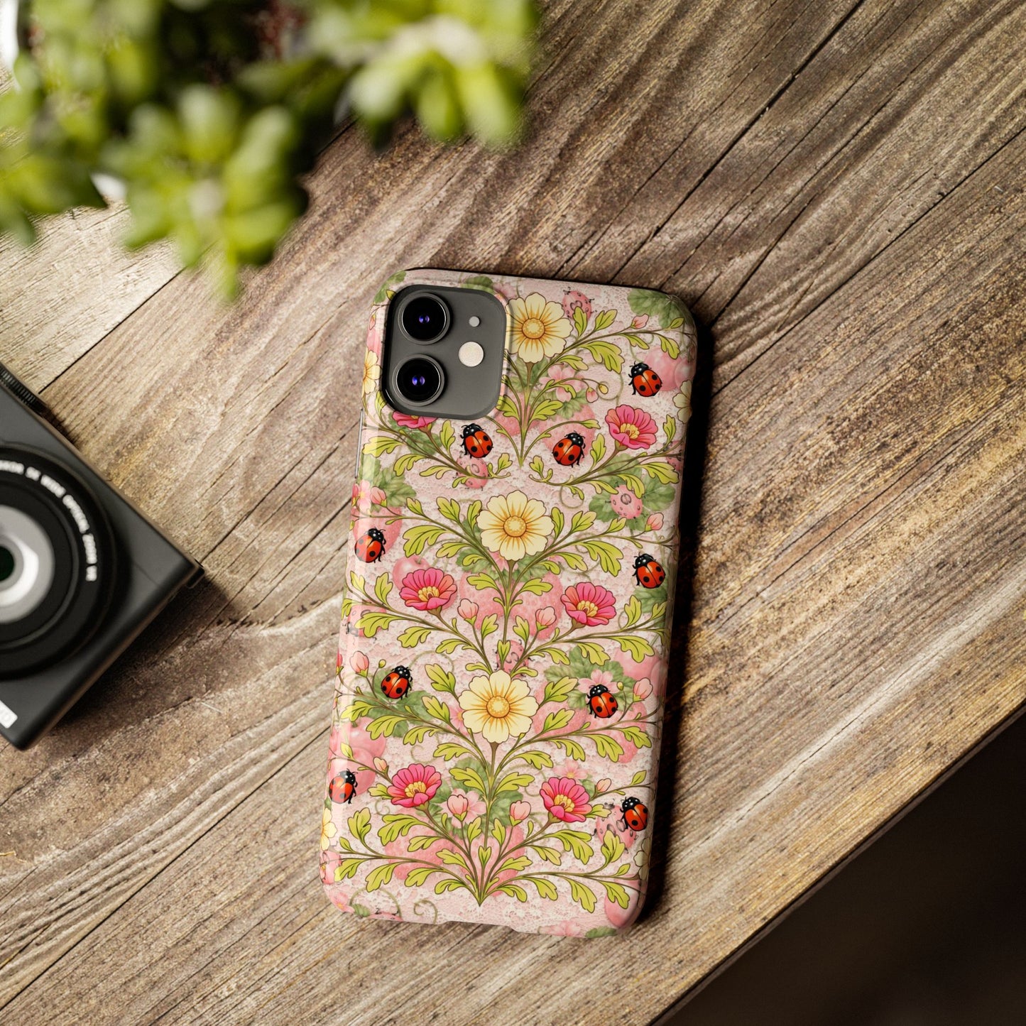 Floral Ladybug Slim Phone Case — Vintage Botanical Pink Garden Design