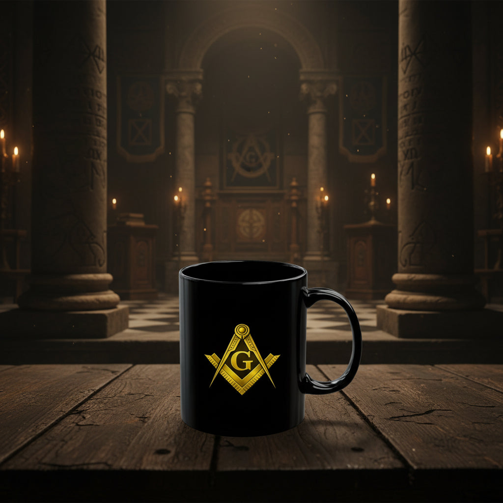 Freemason Square & Compass Gold Black Mug