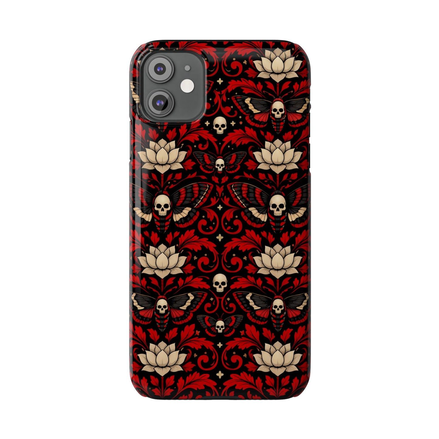 Gothic Skull & Lotus Slim Phone Case — Red Damask Moth Pattern