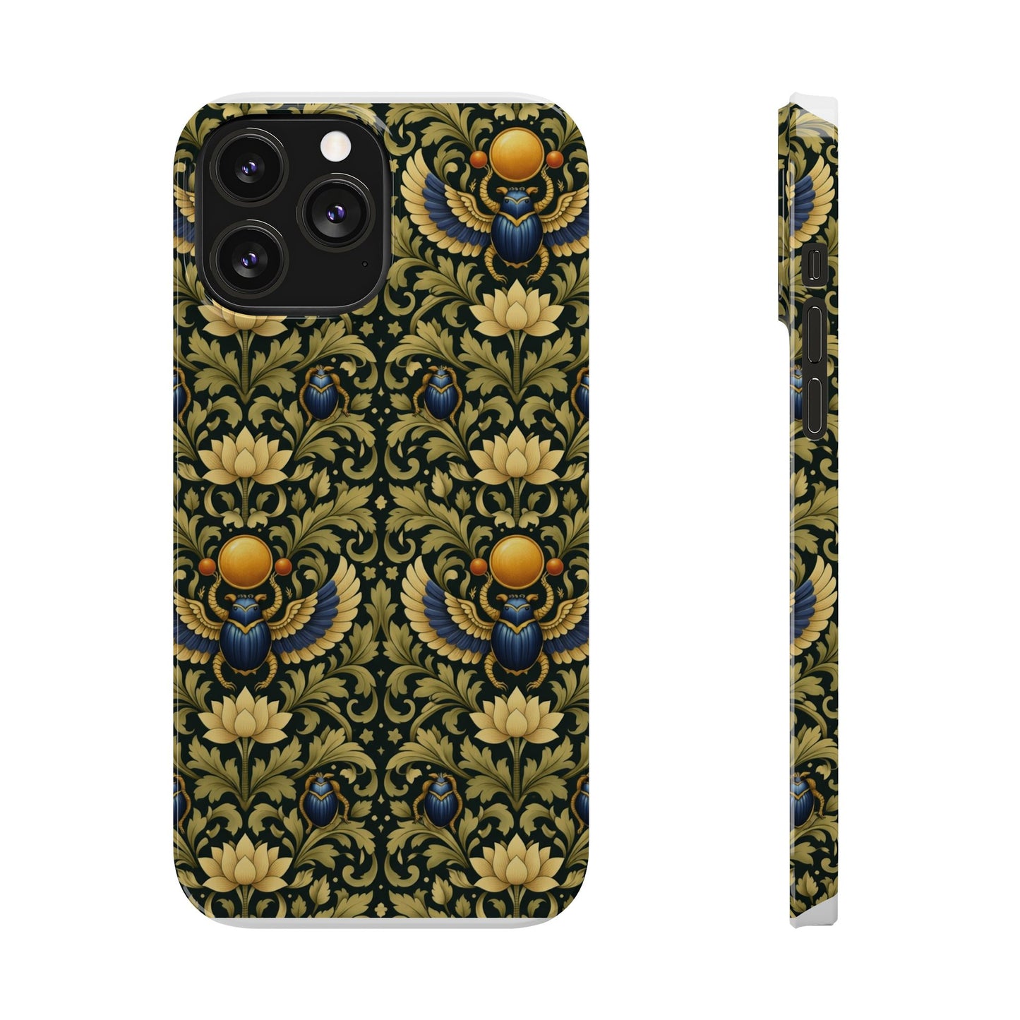 Slim Phone Case — Vintage Egyptian Scarab & Lotus Pattern (Gold on Olive)