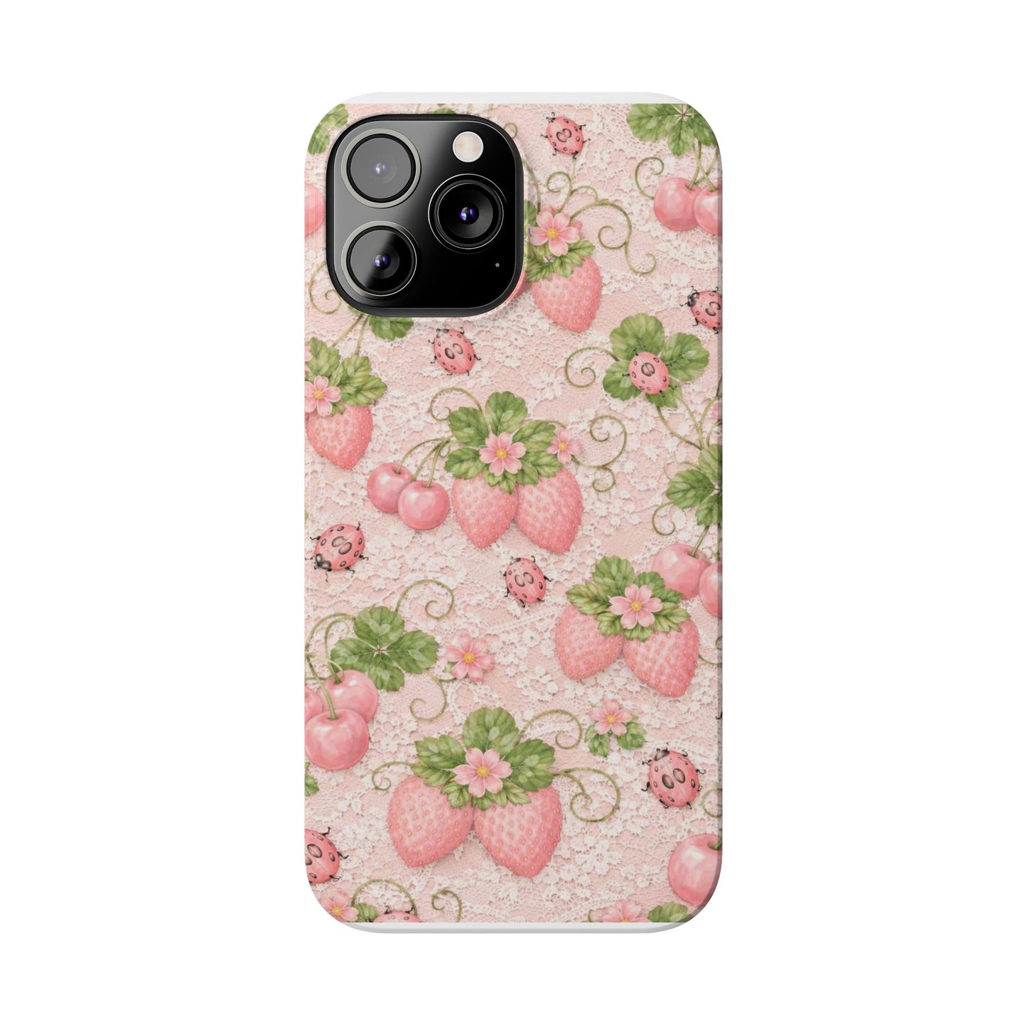 Strawberry Pattern Slim Phone Case — Vintage Pink Floral Fruit Design