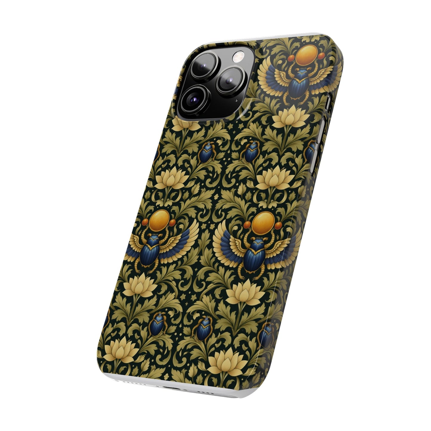 Slim Phone Case — Vintage Egyptian Scarab & Lotus Pattern (Gold on Olive)