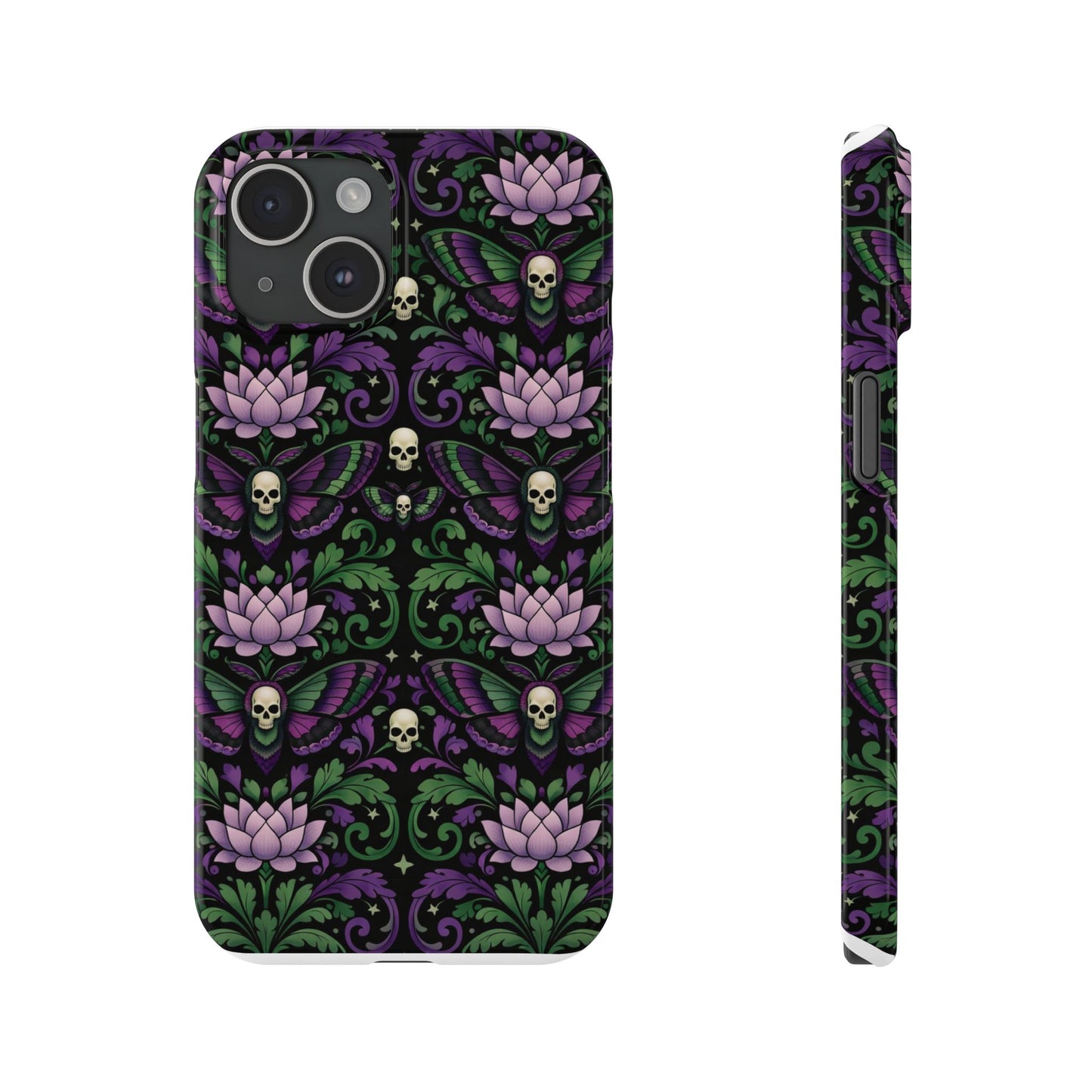 Gothic Lotus & Skull Slim Phone Case — Dark Floral Pattern for iPhone