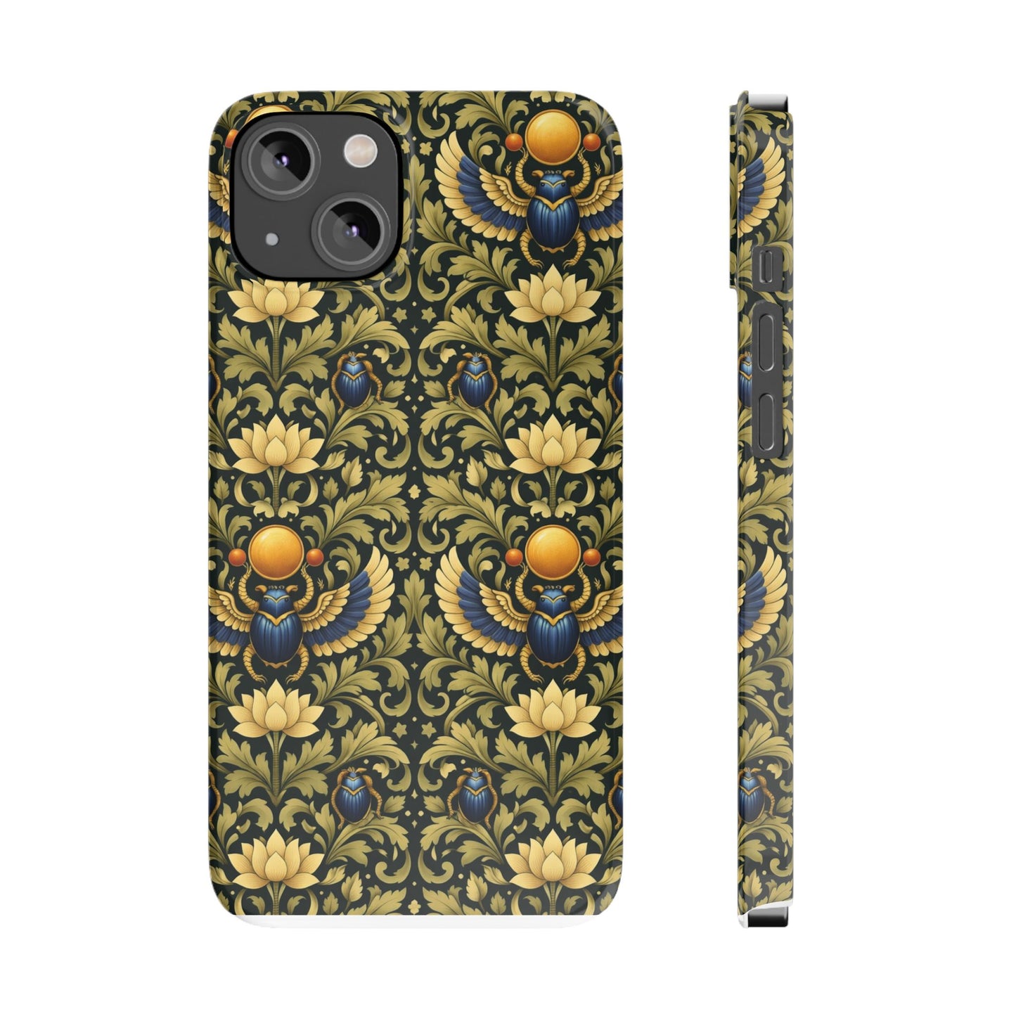 Slim Phone Case — Vintage Egyptian Scarab & Lotus Pattern (Gold on Olive)