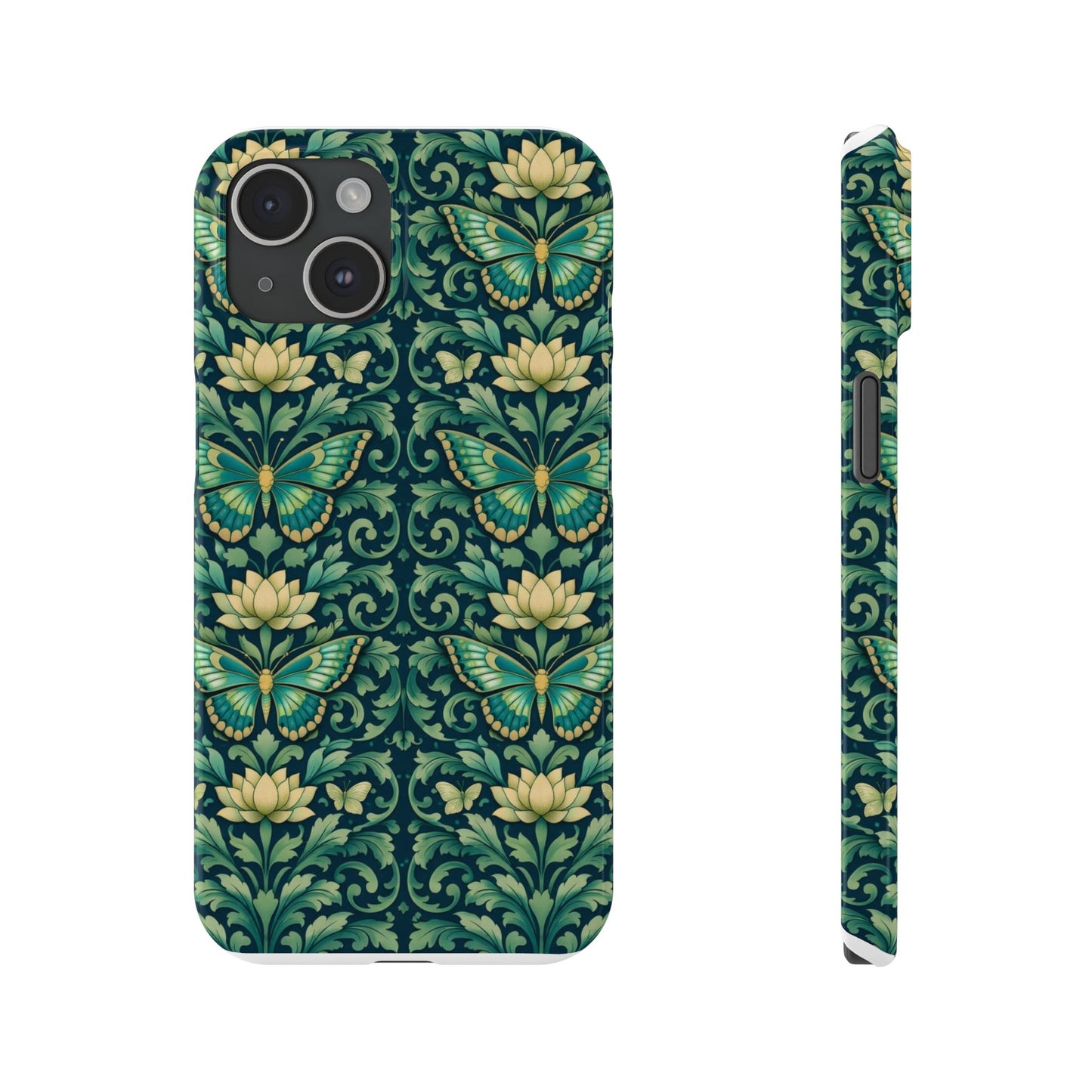 Slim Phone Case — Vintage Green Butterfly & Lotus Pattern