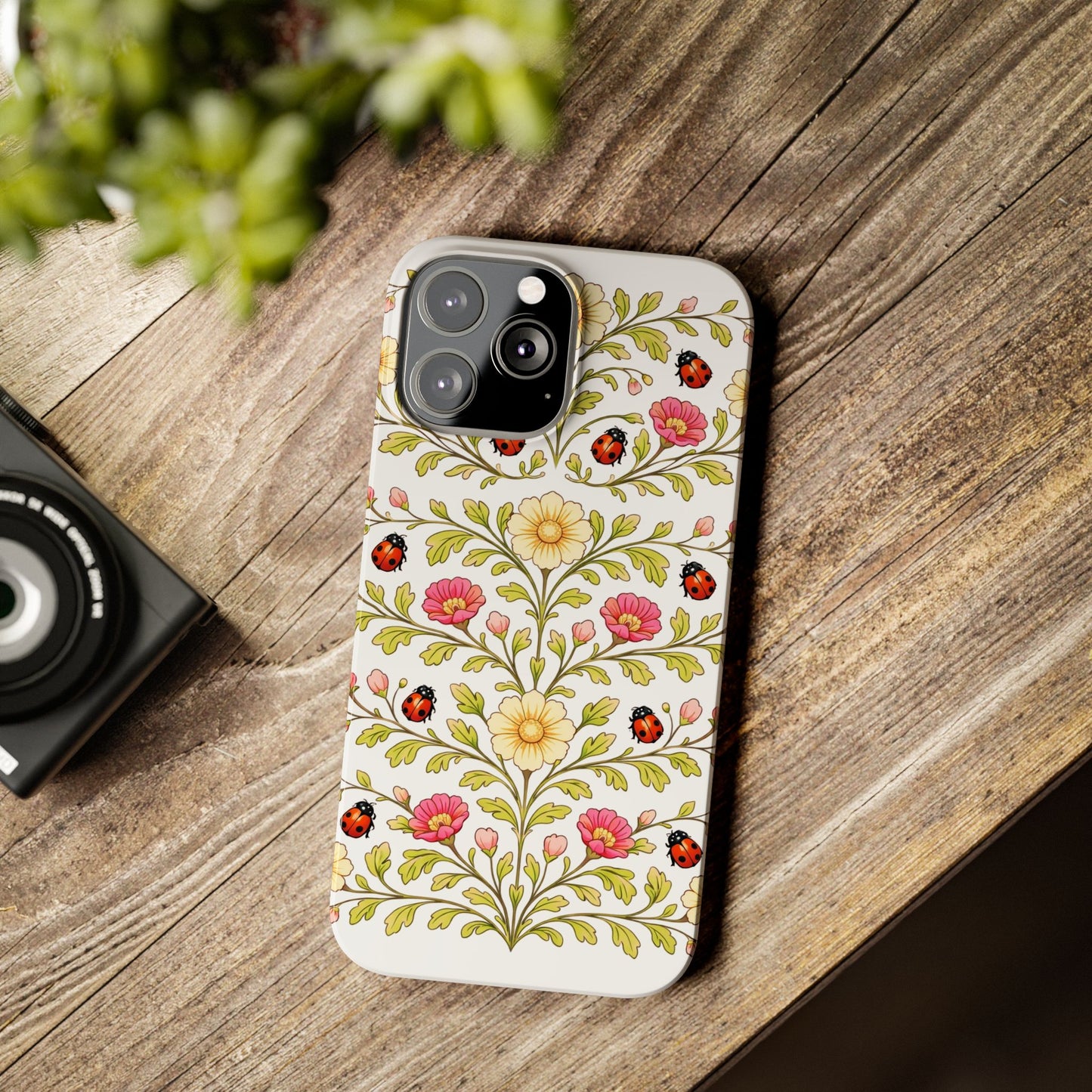 Floral Ladybug Slim Phone Case — Vintage Garden Pattern