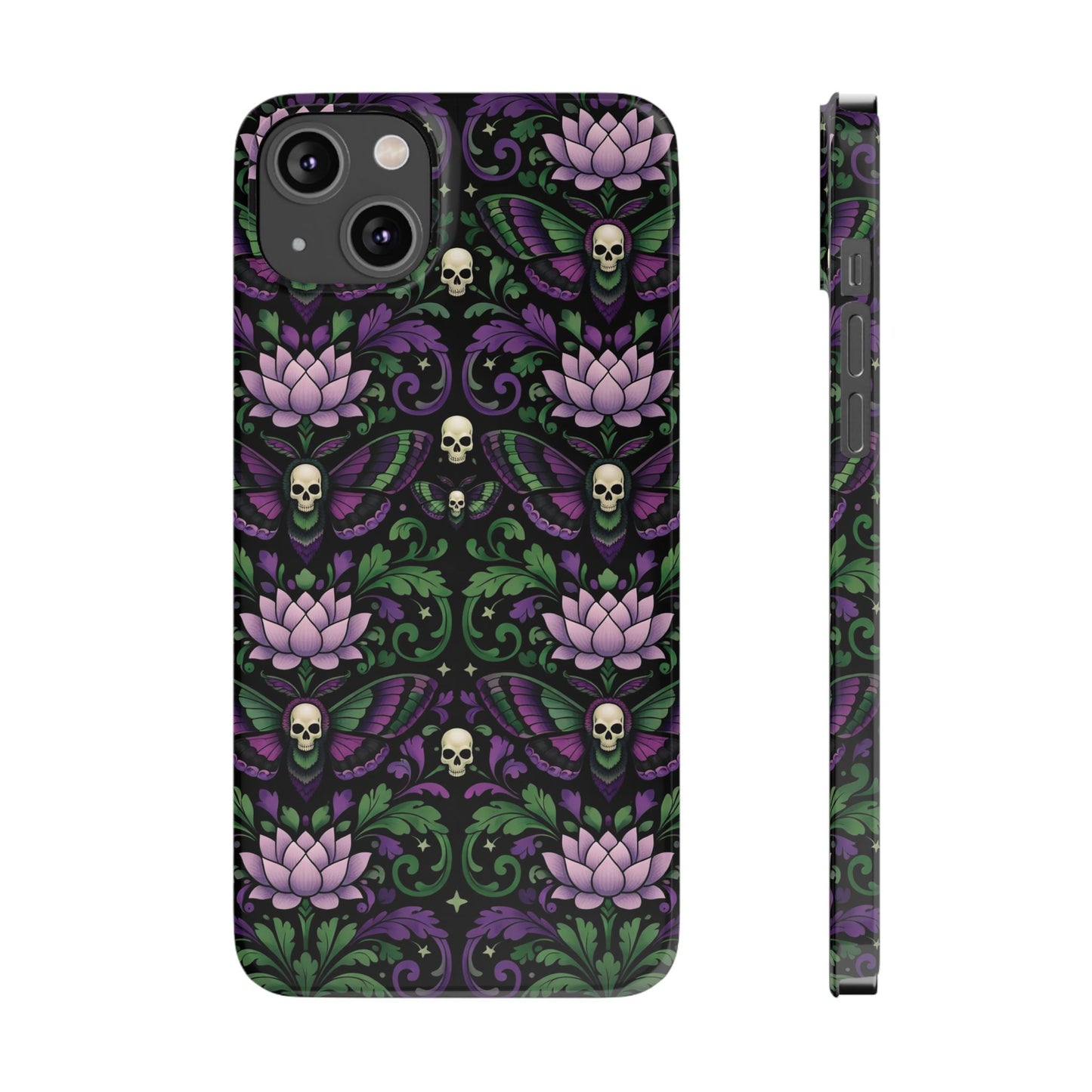 Gothic Lotus & Skull Slim Phone Case — Dark Floral Pattern for iPhone