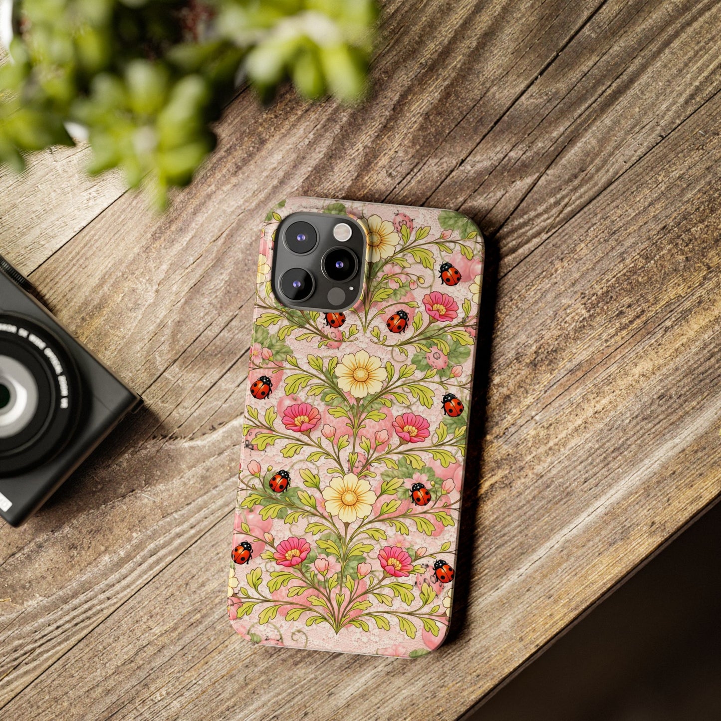 Floral Ladybug Slim Phone Case — Vintage Botanical Pink Garden Design