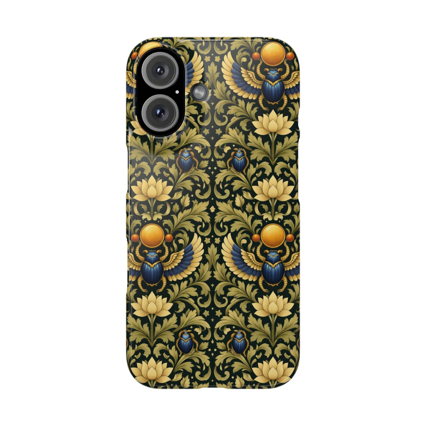 Slim Phone Case — Vintage Egyptian Scarab & Lotus Pattern (Gold on Olive)