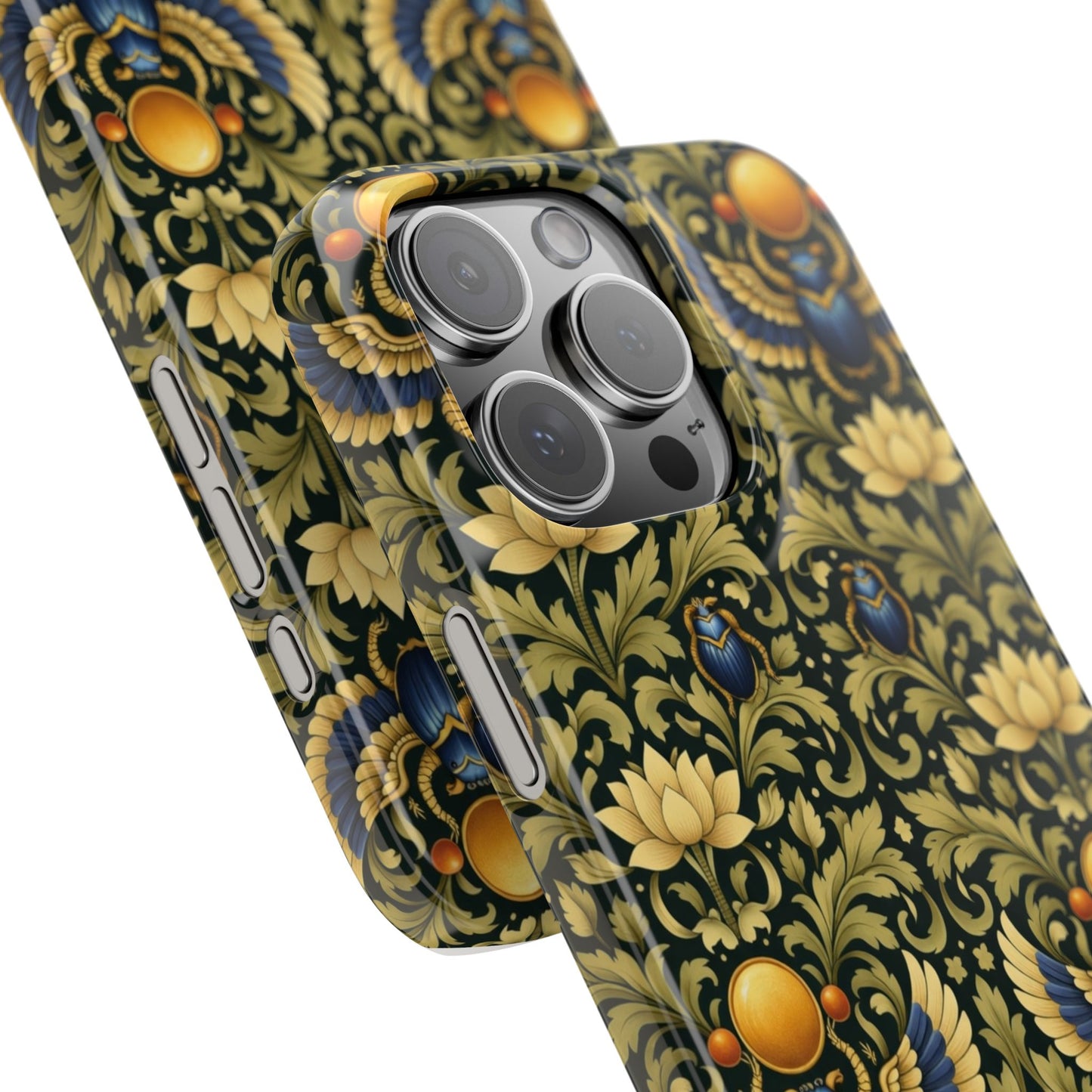 Slim Phone Case — Vintage Egyptian Scarab & Lotus Pattern (Gold on Olive)