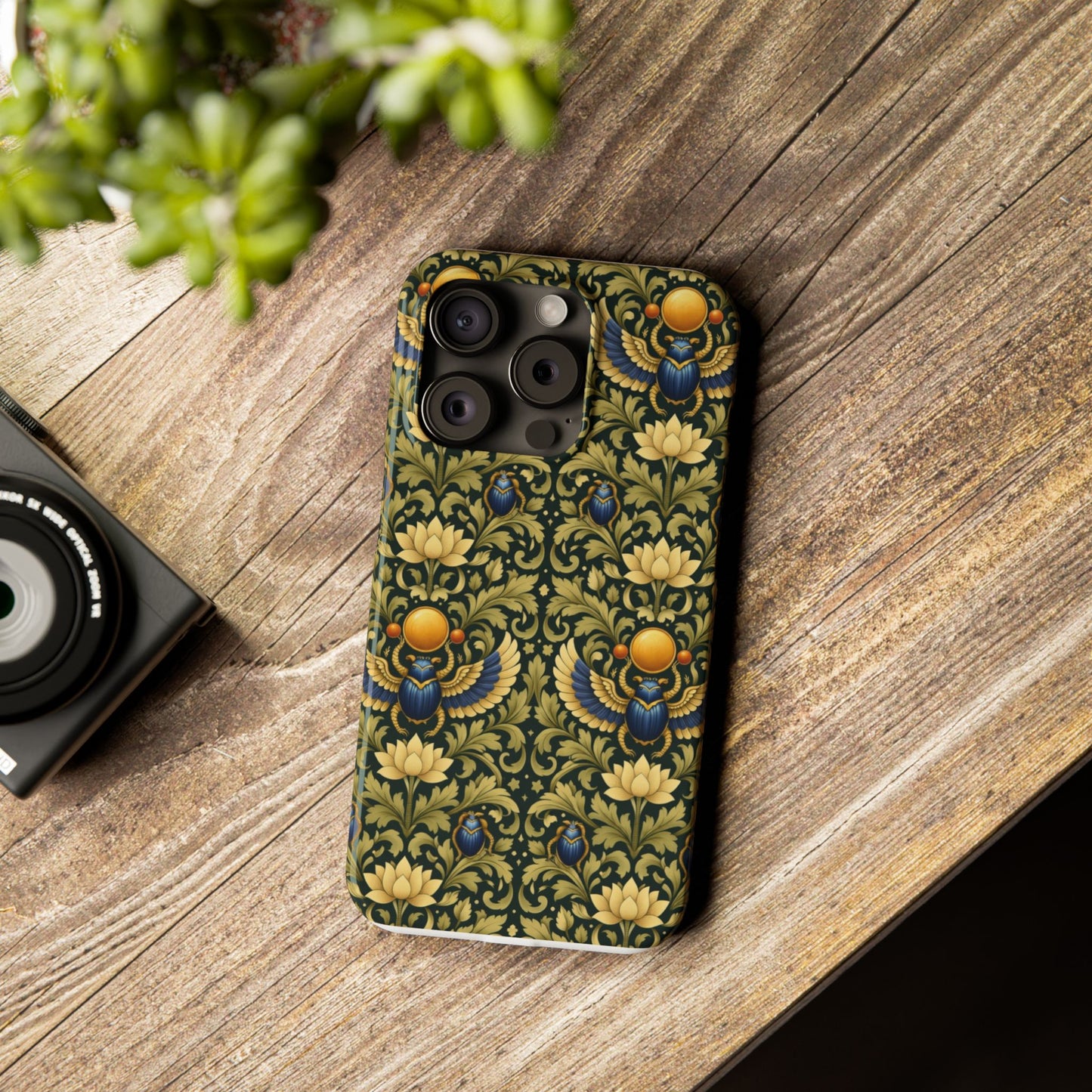 Slim Phone Case — Vintage Egyptian Scarab & Lotus Pattern (Gold on Olive)