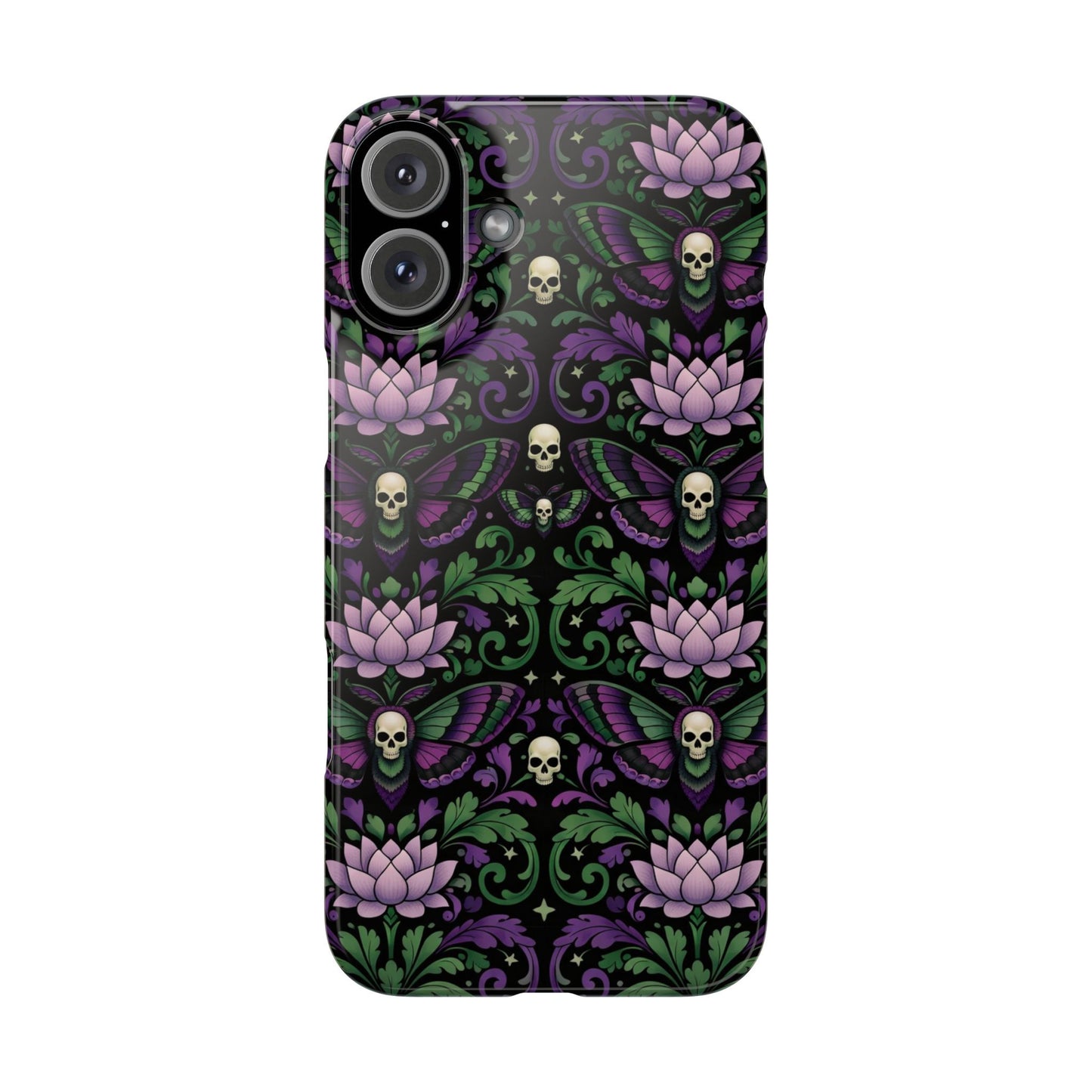 Gothic Lotus & Skull Slim Phone Case — Dark Floral Pattern for iPhone