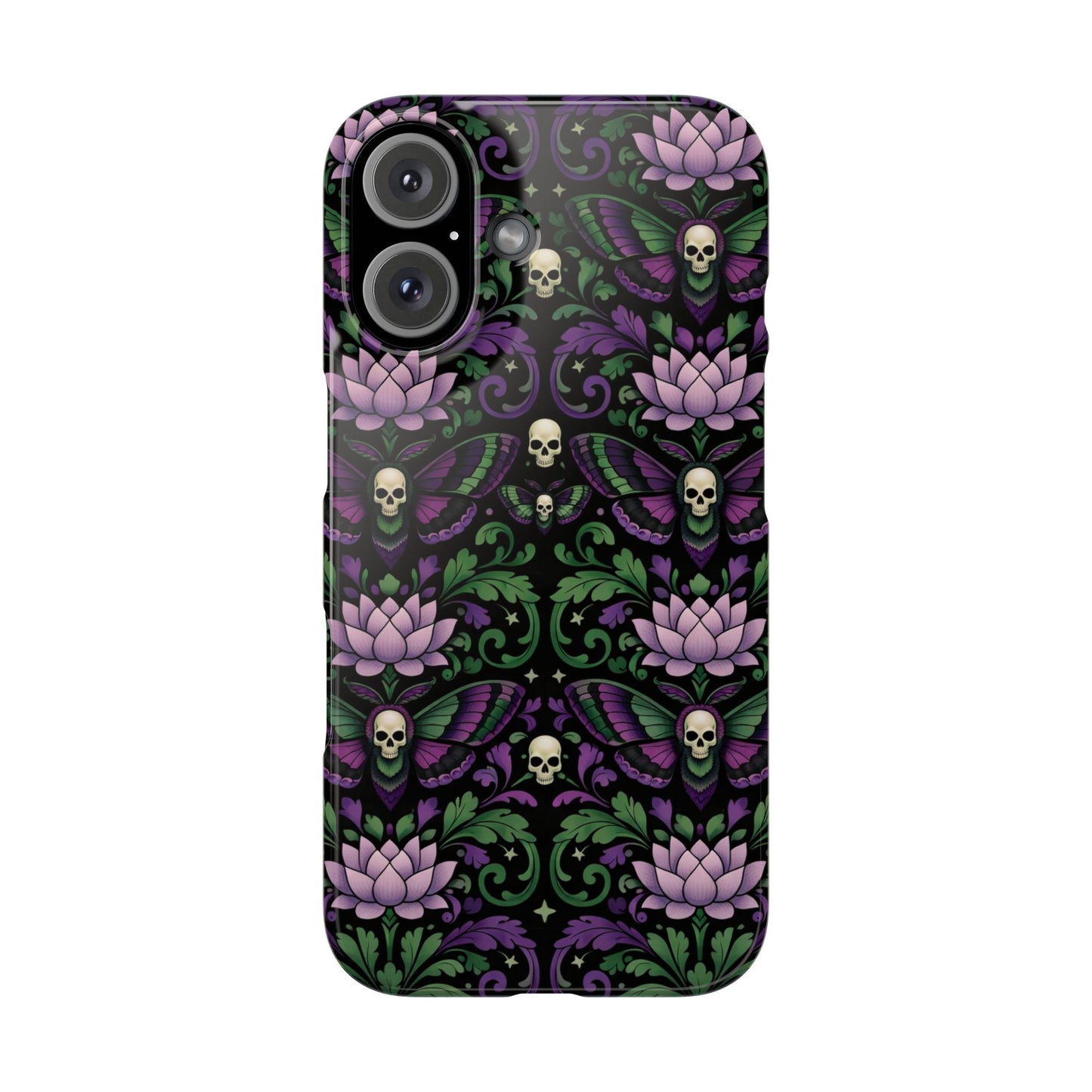 Gothic Lotus & Skull Slim Phone Case — Dark Floral Pattern for iPhone