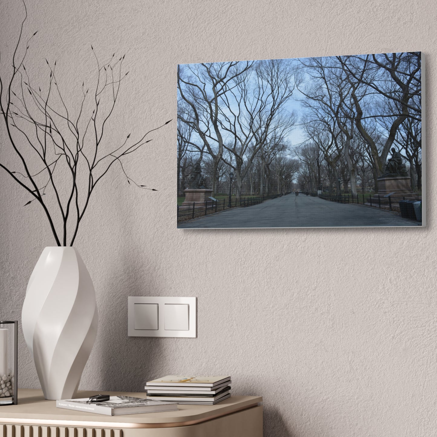 Leafless Tree Lined Path Canvas Stretched | Central Park In Winter Landscape Wall Art
