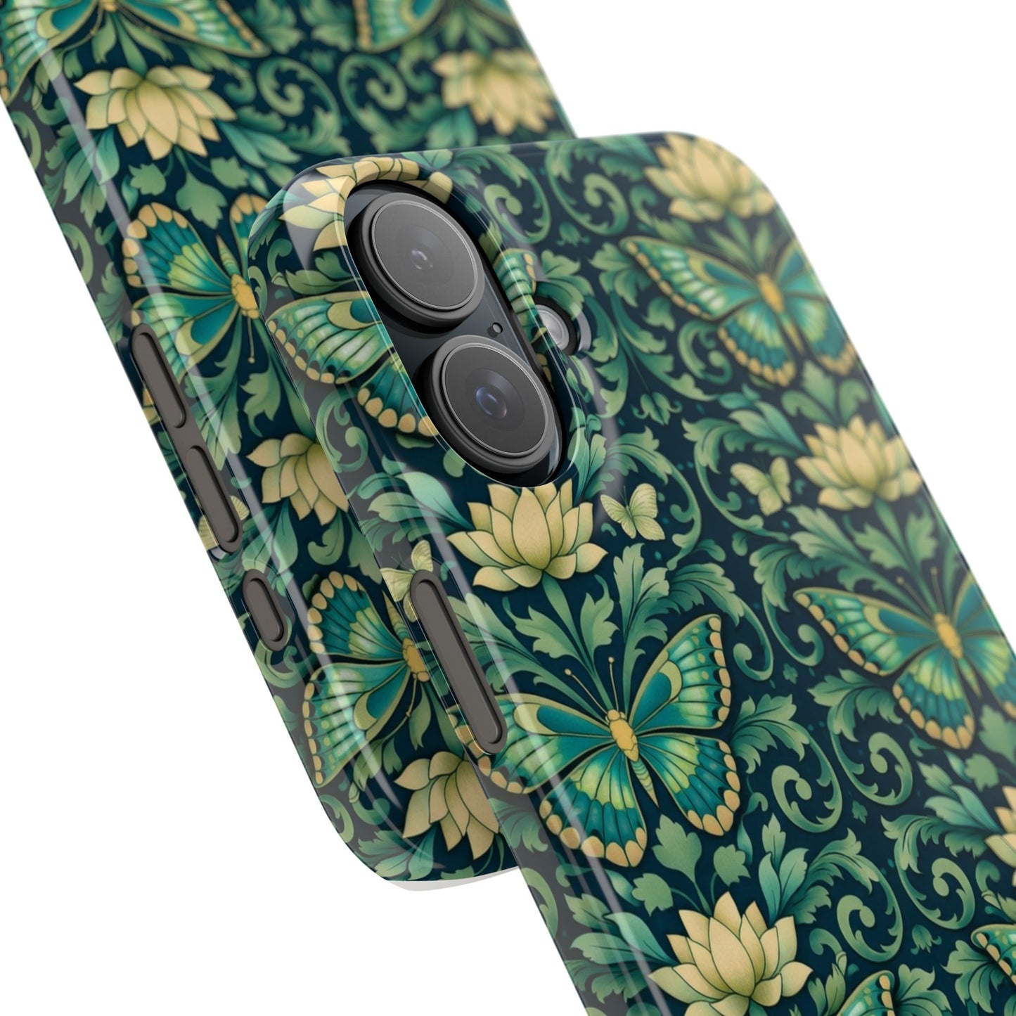 Slim Phone Case — Vintage Green Butterfly & Lotus Pattern