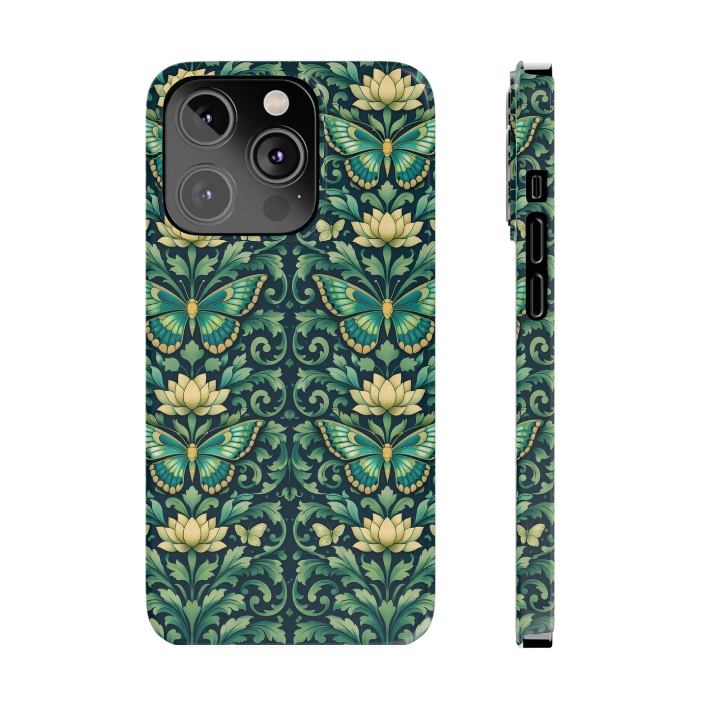 Slim Phone Case — Vintage Green Butterfly & Lotus Pattern
