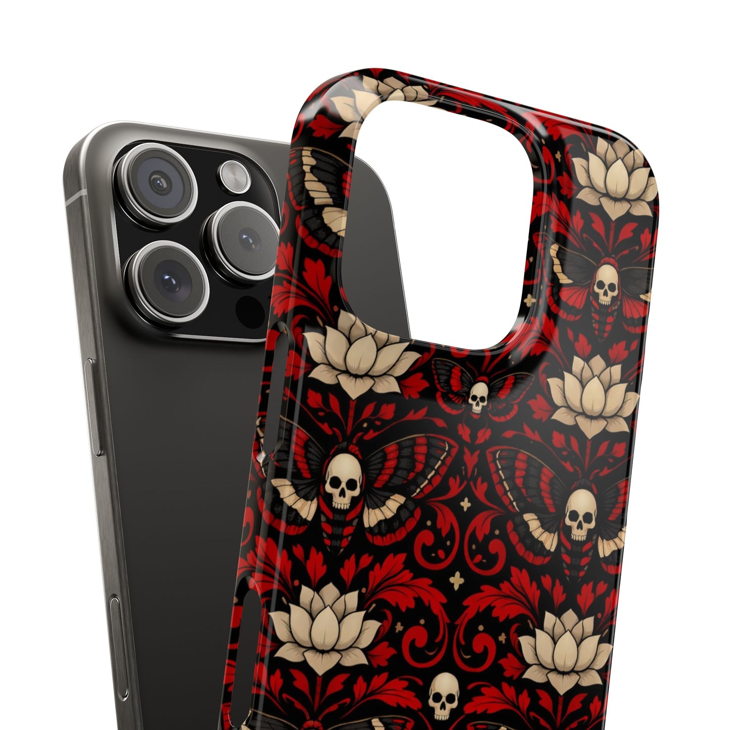 Gothic Skull & Lotus Slim Phone Case — Red Damask Moth Pattern