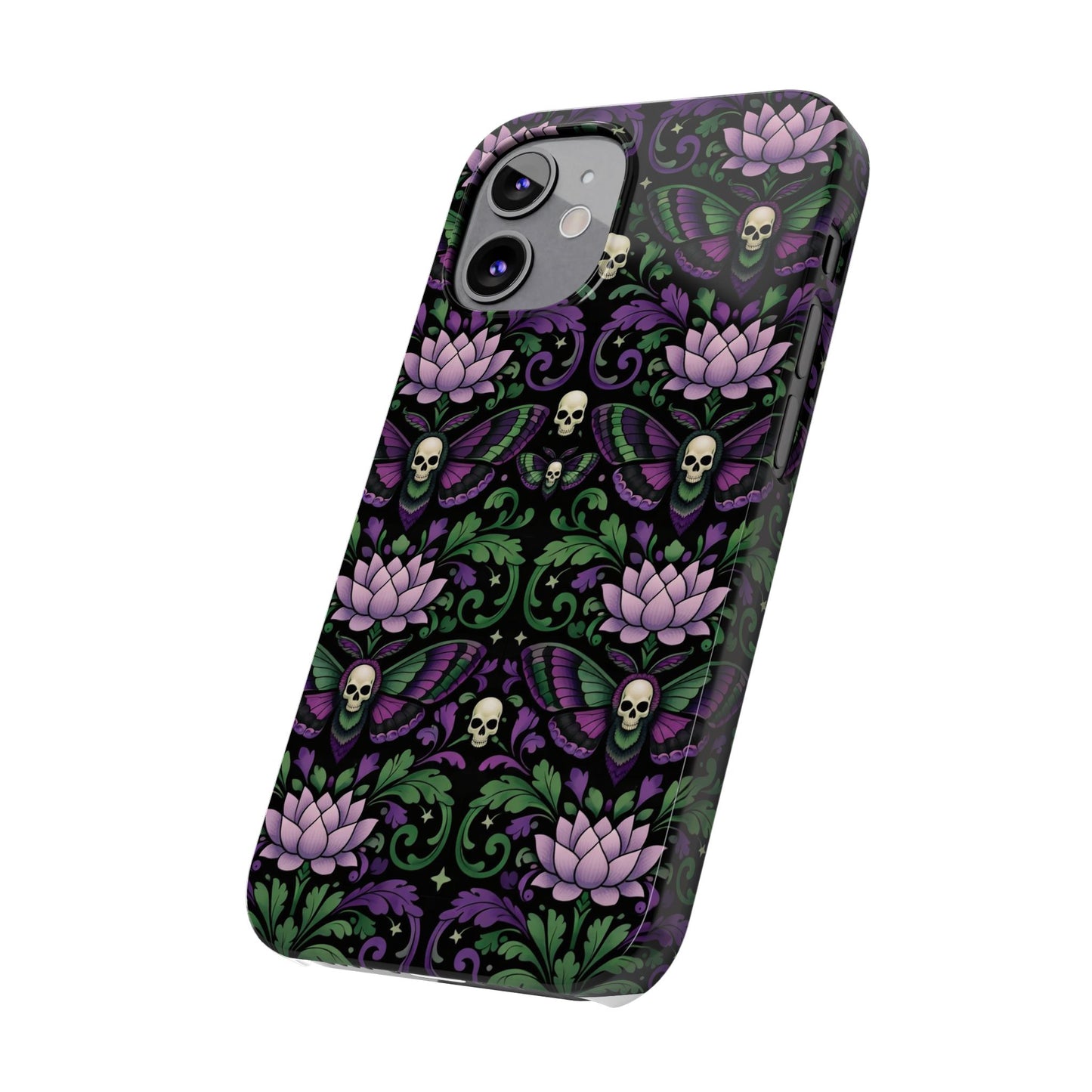 Gothic Lotus & Skull Slim Phone Case — Dark Floral Pattern for iPhone