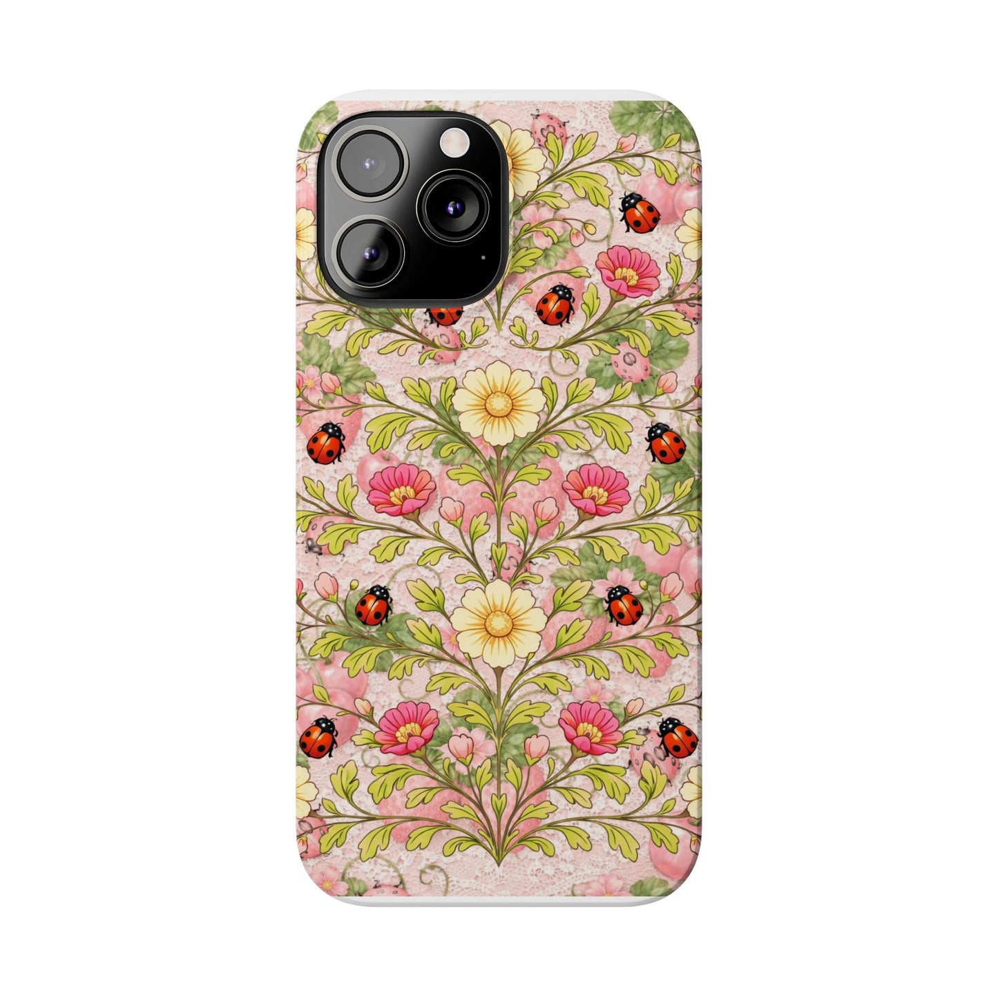 Floral Ladybug Slim Phone Case — Vintage Botanical Pink Garden Design