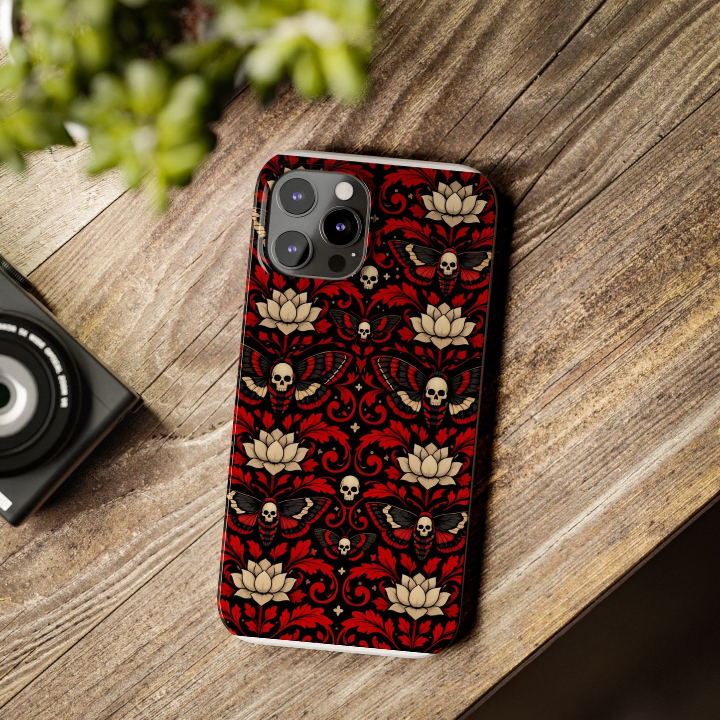 Gothic Skull & Lotus Slim Phone Case — Red Damask Moth Pattern
