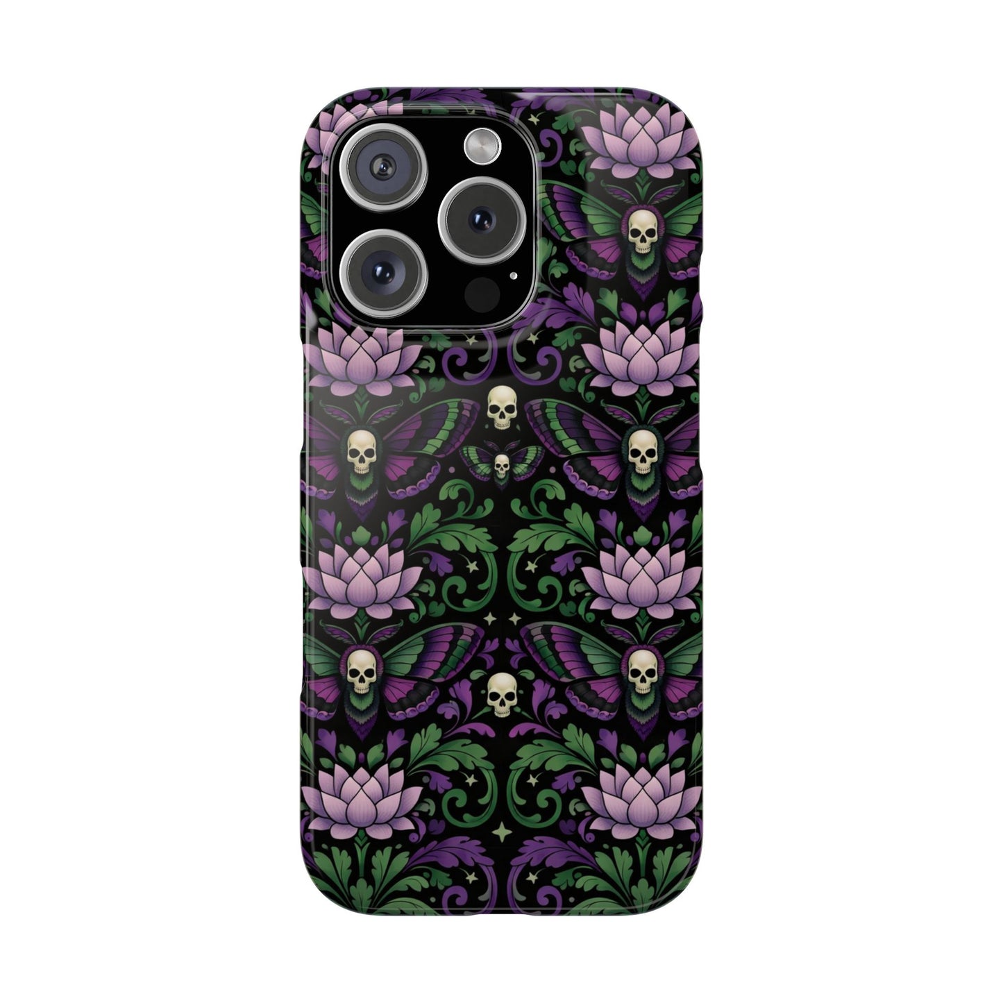 Gothic Lotus & Skull Slim Phone Case — Dark Floral Pattern for iPhone
