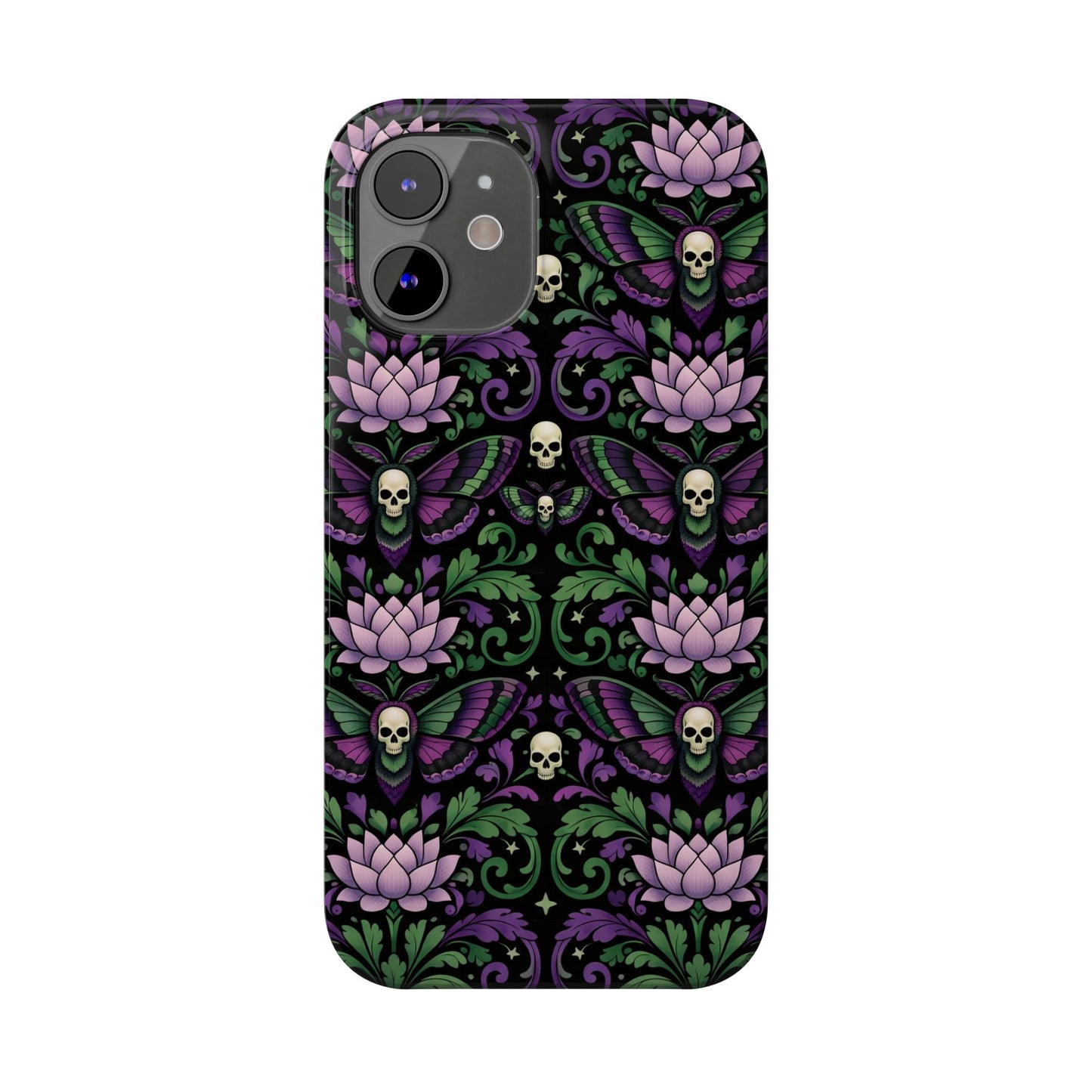 Gothic Lotus & Skull Slim Phone Case — Dark Floral Pattern for iPhone
