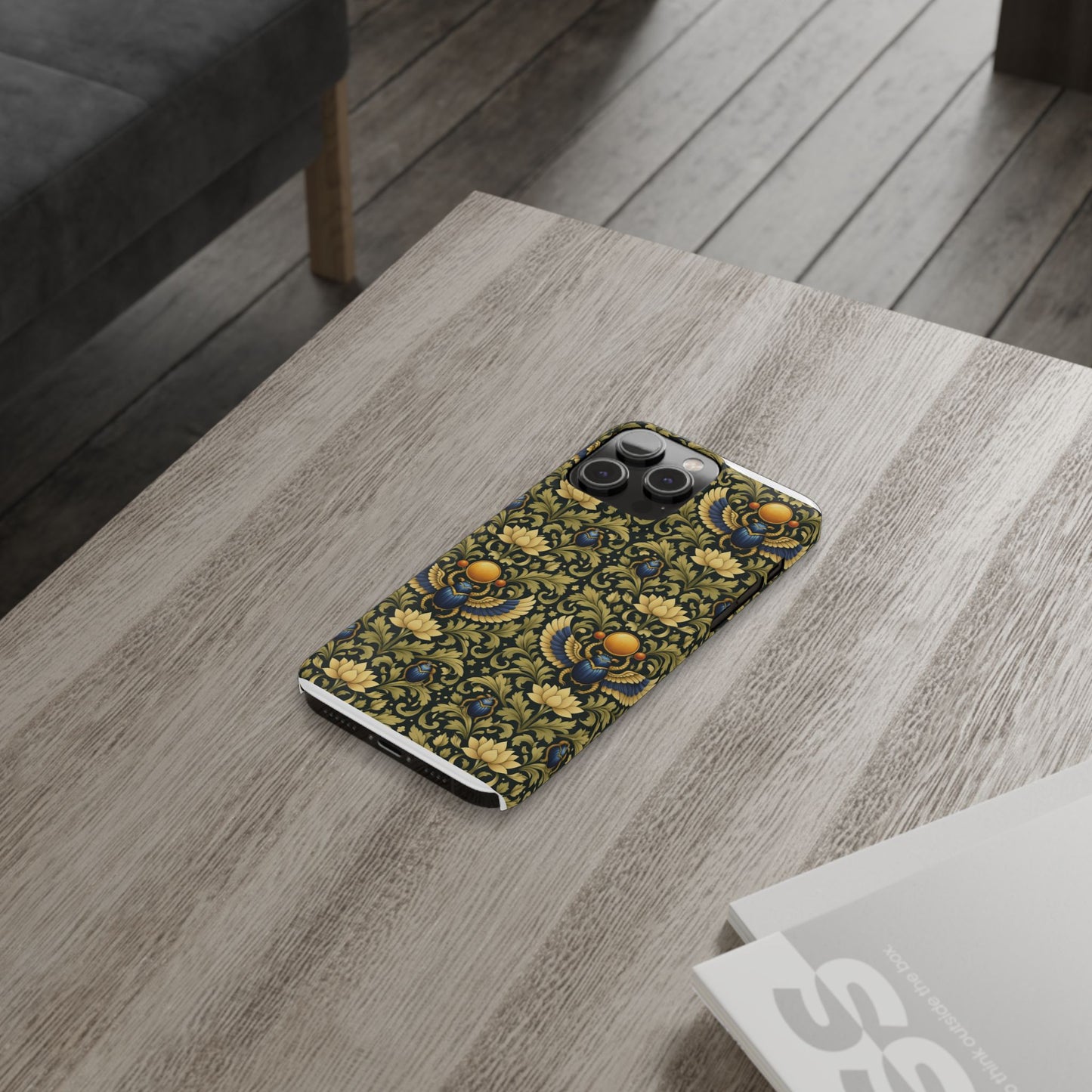 Slim Phone Case — Vintage Egyptian Scarab & Lotus Pattern (Gold on Olive)