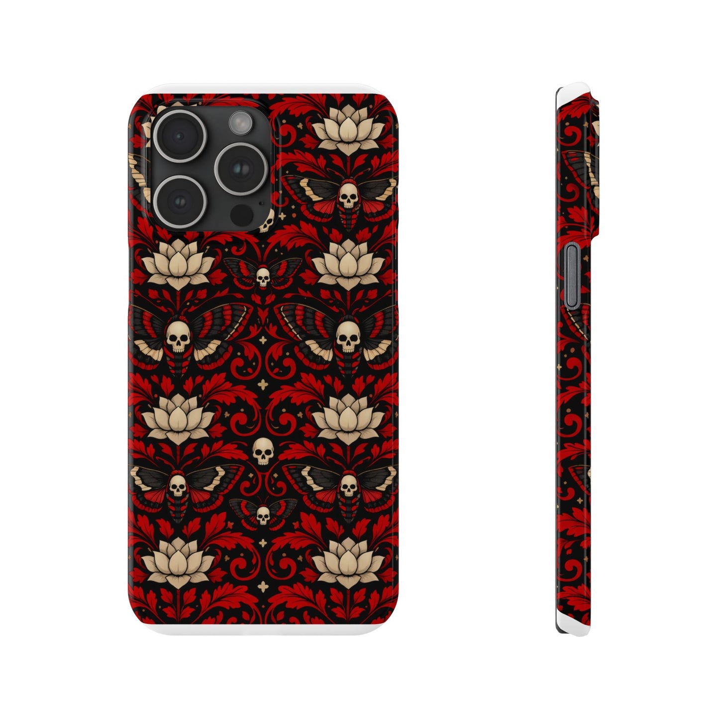 Gothic Skull & Lotus Slim Phone Case — Red Damask Moth Pattern