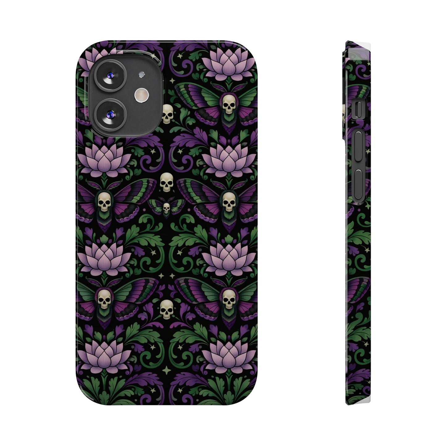 Gothic Lotus & Skull Slim Phone Case — Dark Floral Pattern for iPhone