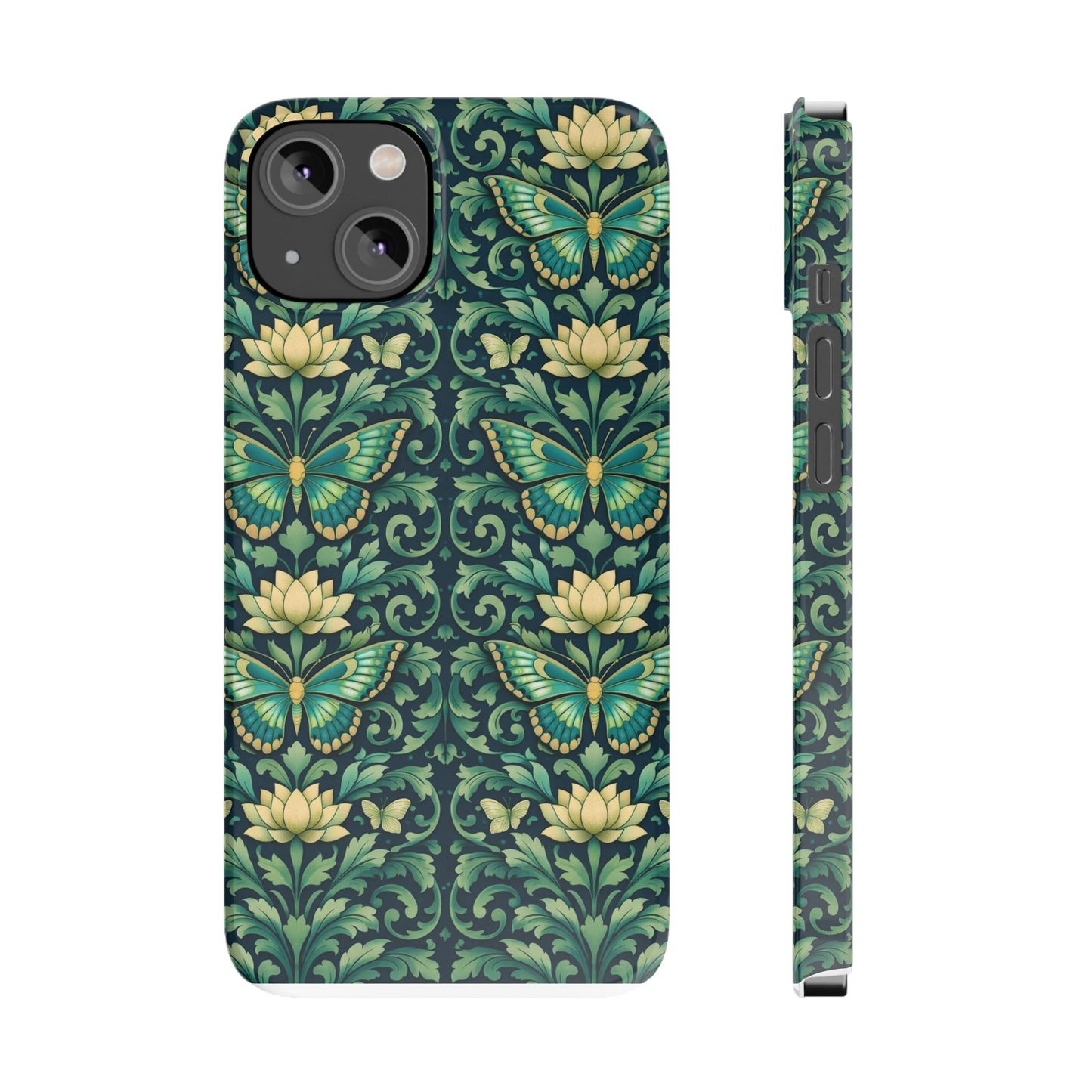 Slim Phone Case — Vintage Green Butterfly & Lotus Pattern