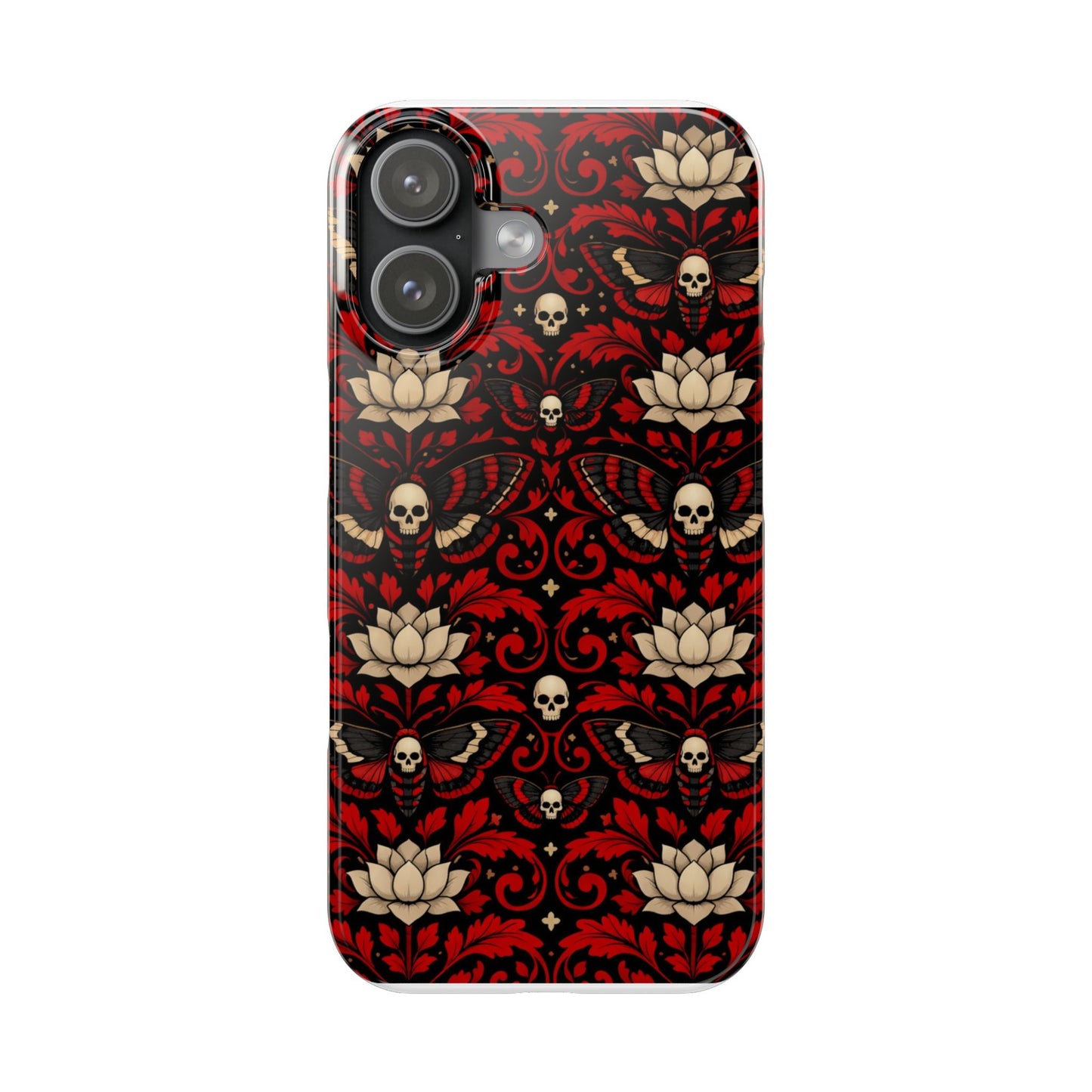 Gothic Skull & Lotus Slim Phone Case — Red Damask Moth Pattern