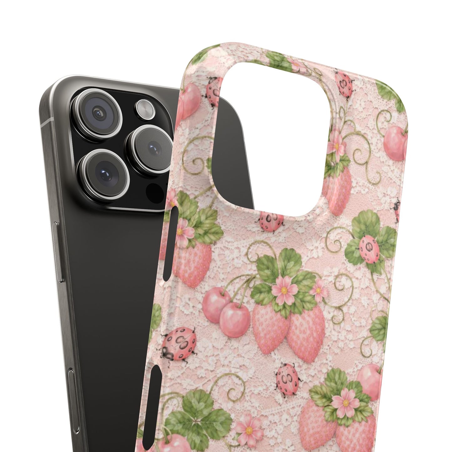 Strawberry Pattern Slim Phone Case — Vintage Pink Floral Fruit Design