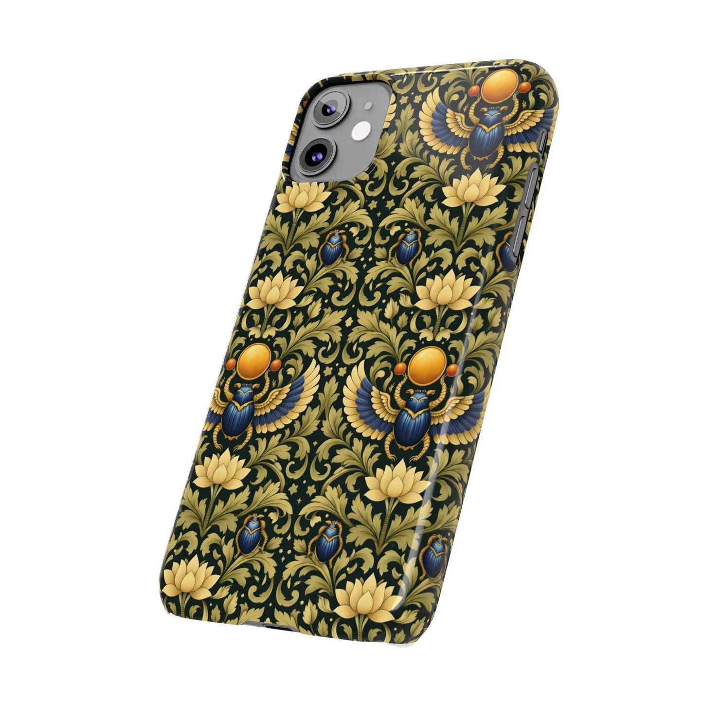 Slim Phone Case — Vintage Egyptian Scarab & Lotus Pattern (Gold on Olive)